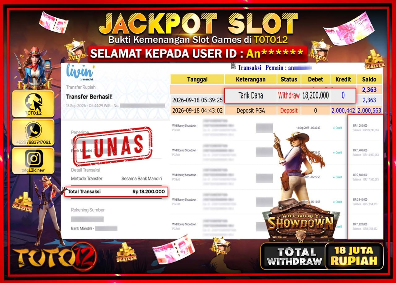 HANYA DI TOTO12 JP PASTI DI BAYAR LUNAS DAN CEPAT!!!!!! JACKPOT SLOT GAME (WILD BOUNTY SHOWDOWN) Rp18.200.000!!!!