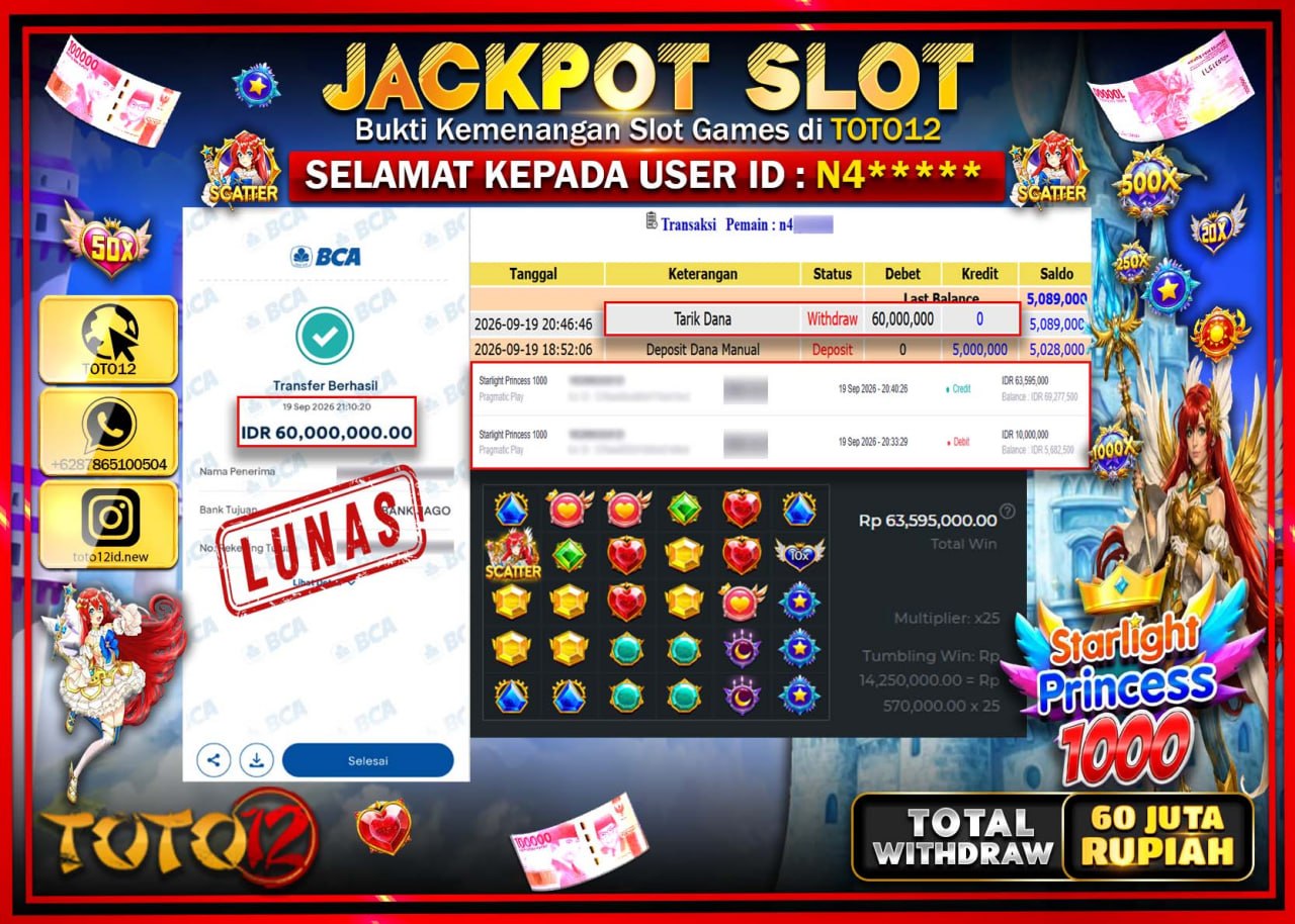 HANYA DI TOTO12 JP PASTI DI BAYAR LUNAS DAN CEPAT!!!!!! JACKPOT SLOT GAME (STARLIGHT PRINCESS 1000) Rp60.000.000!!!!