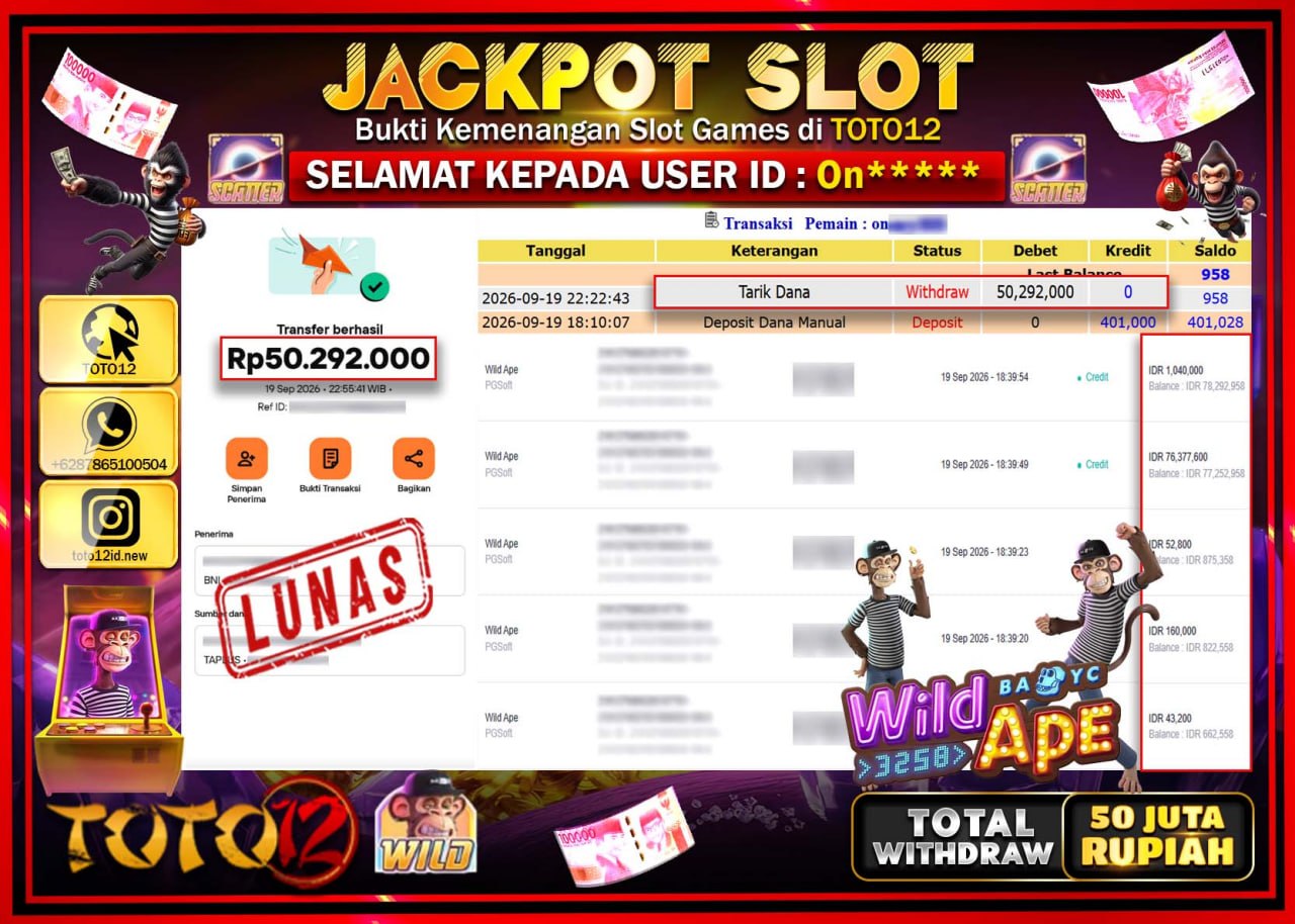 HANYA DI TOTO12 JP PASTI DI BAYAR LUNAS DAN CEPAT!!!!!! JACKPOT SLOT GAME (WILD APE) Rp50.292.000!!!!