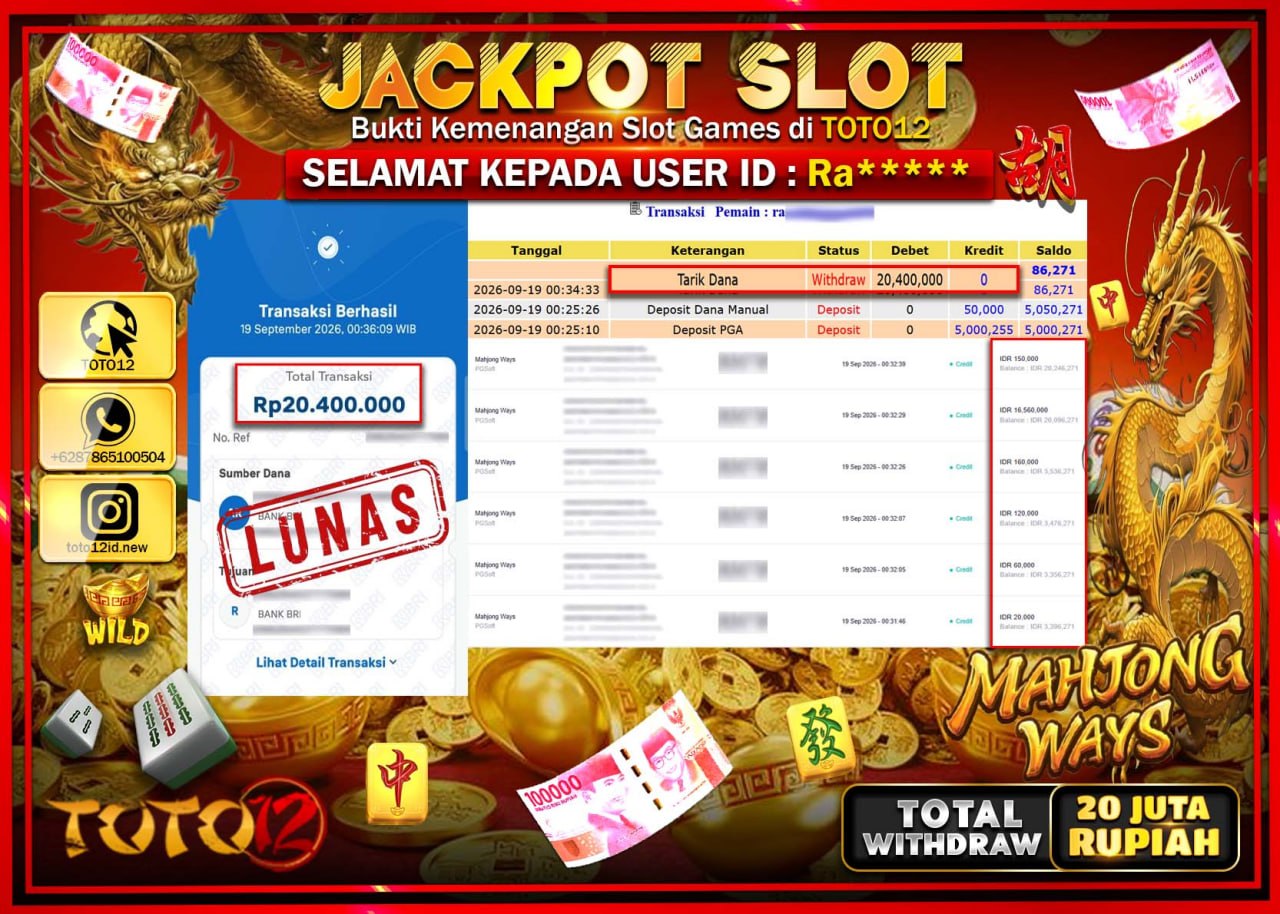 HANYA DI TOTO12 JP PASTI DI BAYAR LUNAS DAN CEPAT!!!!!! JACKPOT SLOT GAME (MAHJONG WAYS) Rp20.400.000.000!!!!