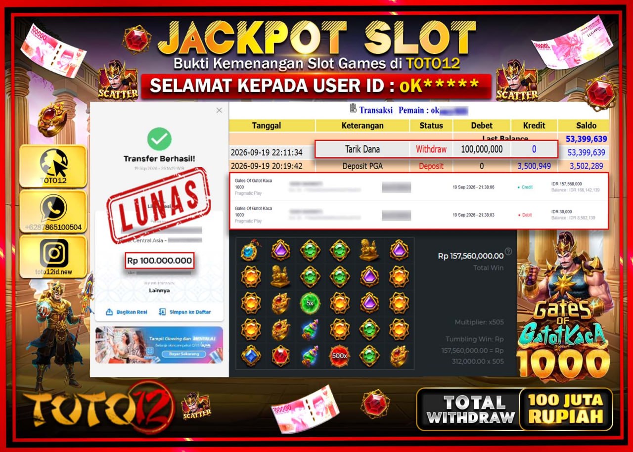 HANYA DI TOTO12 JP PASTI DI BAYAR LUNAS DAN CEPAT!!!!!! JACKPOT SLOT GAME (GATES OF GATOTKACA 1000) Rp100.000.000!!!!