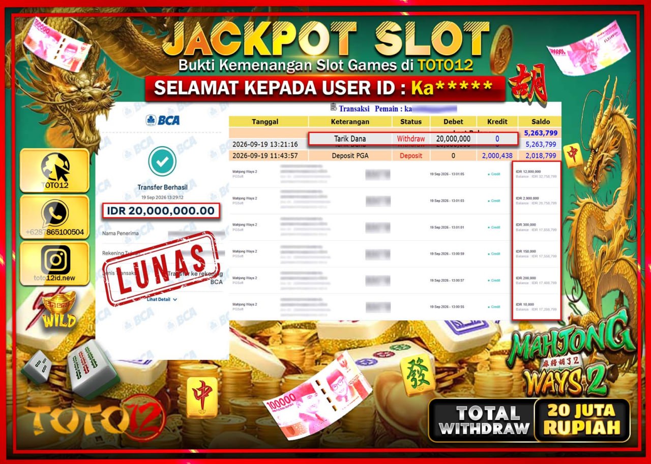 HANYA DI TOTO12 JP PASTI DI BAYAR LUNAS DAN CEPAT!!!!!! JACKPOT SLOT GAME (MAHJONG WAYS 2) Rp20.000.000!!!!