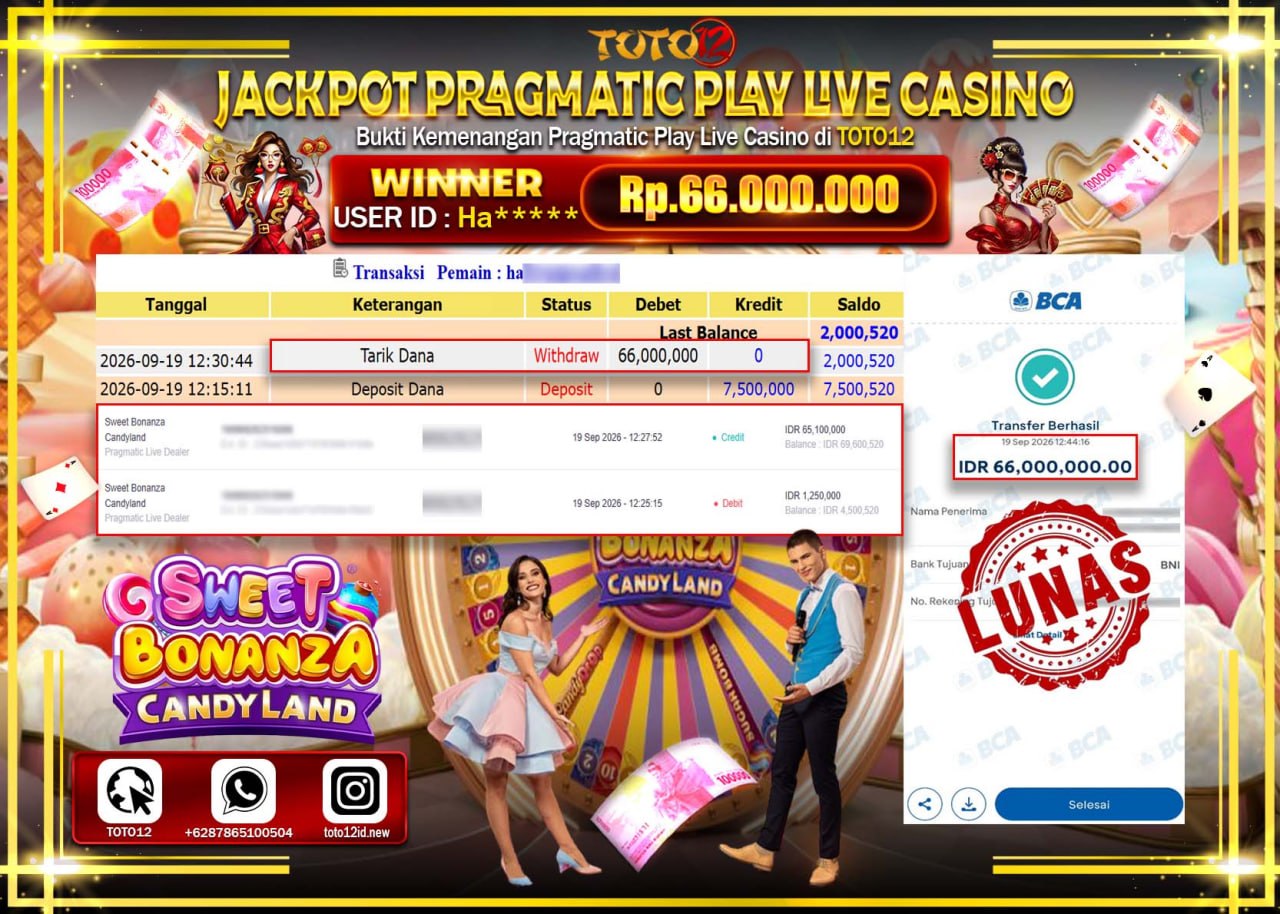 HANYA DI TOTO12 JP PASTI DI BAYAR LUNAS DAN CEPAT!!!!!! JACKPOT PRAGMATIC PLAY LIVE GAME CASINO (SWEET BONANZA CANDYLAND) Rp66.000.000!!!!