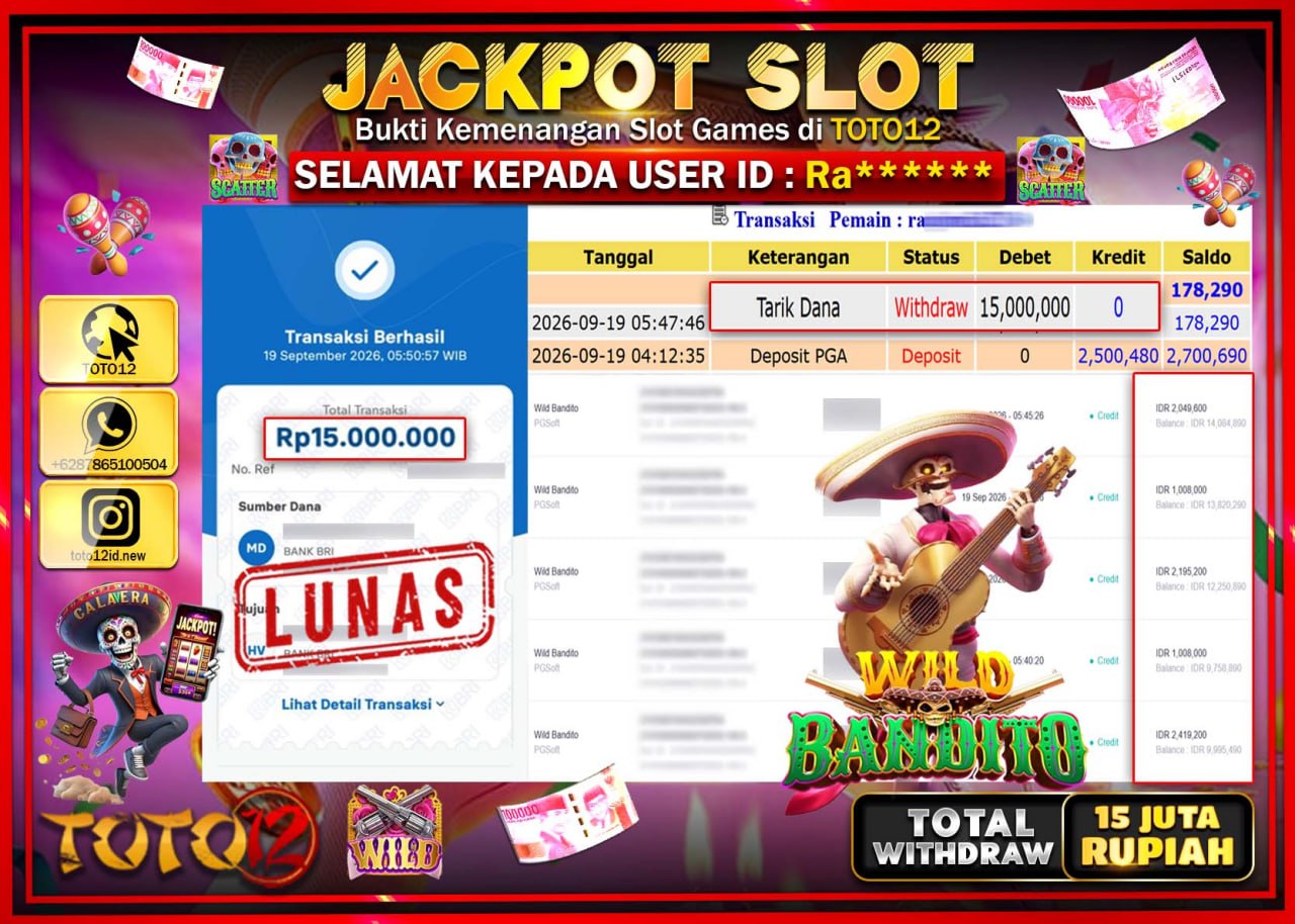 HANYA DI TOTO12 JP PASTI DI BAYAR LUNAS DAN CEPAT!!!!!! JACKPOT SLOT GAME (WILD BANDITO) Rp15.000.000!!!!