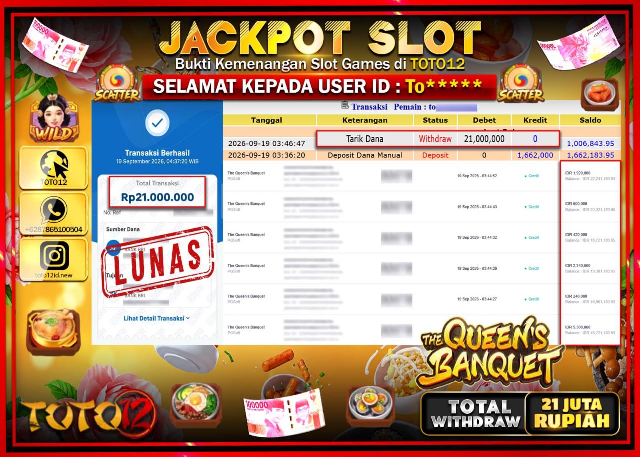 HANYA DI TOTO12 JP PASTI DI BAYAR LUNAS DAN CEPAT!!!!!! JACKPOT SLOT GAME (THE QUEENS BANQUET) Rp21.000.000!!!!