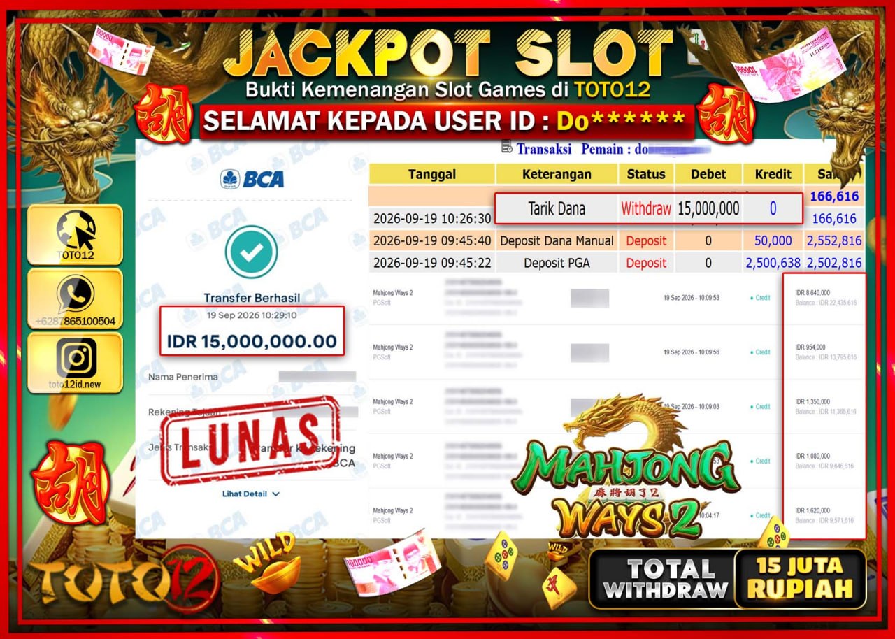 HANYA DI TOTO12 JP PASTI DI BAYAR LUNAS DAN CEPAT!!!!!! JACKPOT SLOT GAME (MAHJONG WAYS 2) Rp15.000.000!!!!