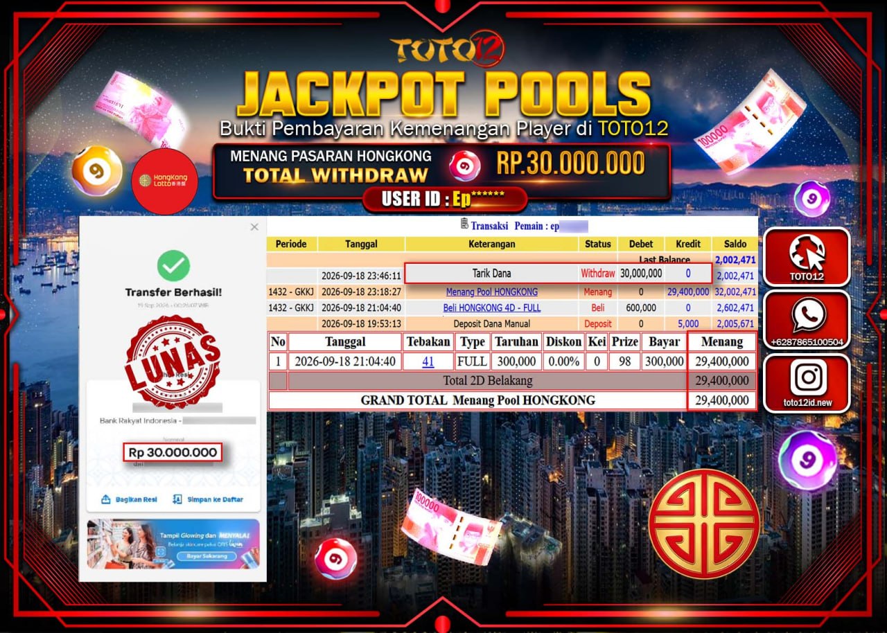 HANYA DI TOTO12 JP PASTI DI BAYAR LUNAS DAN CEPAT!!!!!! JACKPOT POOLS PASARAN (HONGKONG) Rp30.000.000!!!!