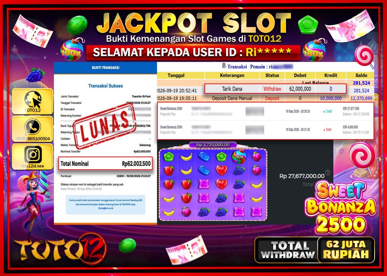 HANYA DI TOTO12 JP PASTI DI BAYAR LUNAS DAN CEPAT!!!!!! JACKPOT SLOT GAME (SWEET BONANZA 2500) Rp62.000.000!!!!