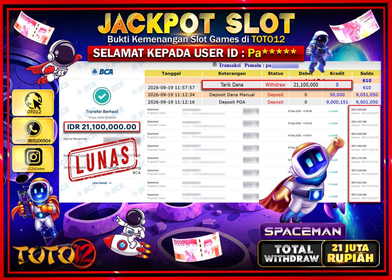 HANYA DI TOTO12 JP PASTI DI BAYAR LUNAS DAN CEPAT!!!!!! JACKPOT SLOT GAME (SPACEMAN) Rp21.100.000!!!!