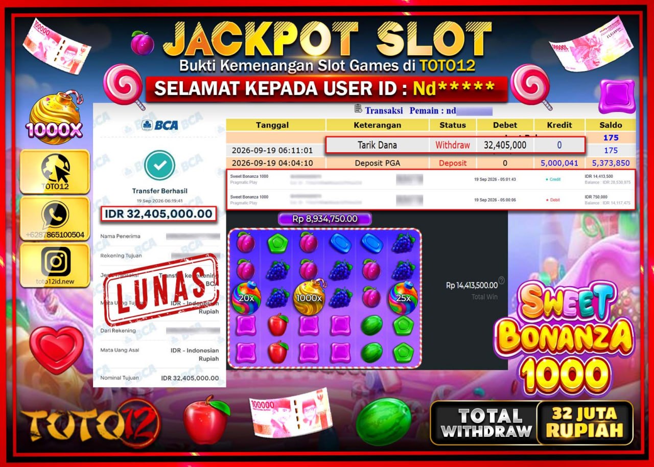 HANYA DI TOTO12 JP PASTI DI BAYAR LUNAS DAN CEPAT!!!!!! JACKPOT SLOT GAME (SWEET BONANZA 1000) Rp32.405.000!!!!