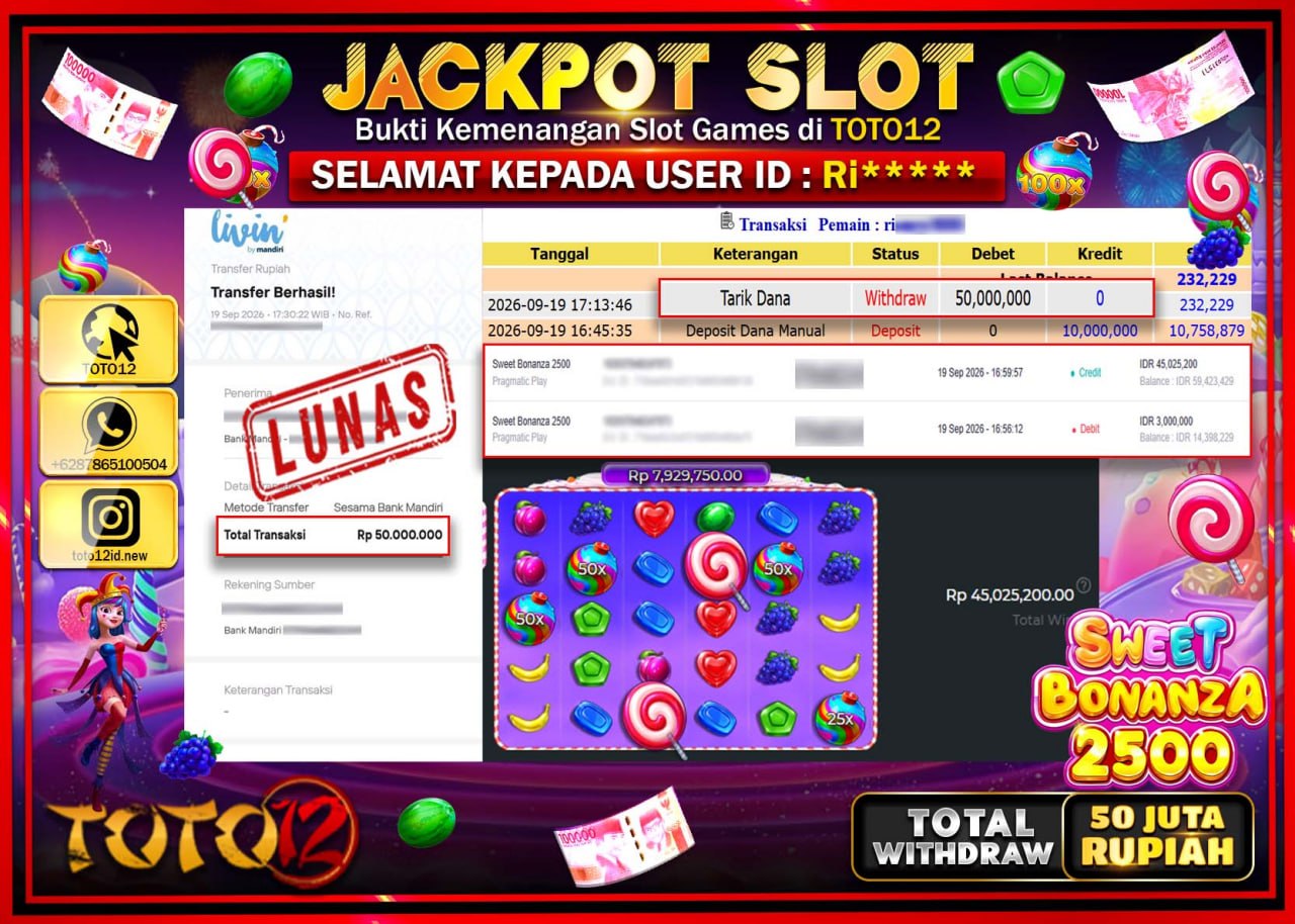 HANYA DI TOTO12 JP PASTI DI BAYAR LUNAS DAN CEPAT!!!!!! JACKPOT SLOT GAME (SWEET BONANZA 2500) Rp50.000.000!!!!
