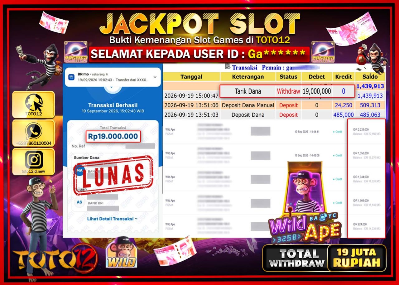 HANYA DI TOTO12 JP PASTI DI BAYAR LUNAS DAN CEPAT!!!!!! JACKPOT SLOT GAME (WILD APE) Rp19.000.000!!!!