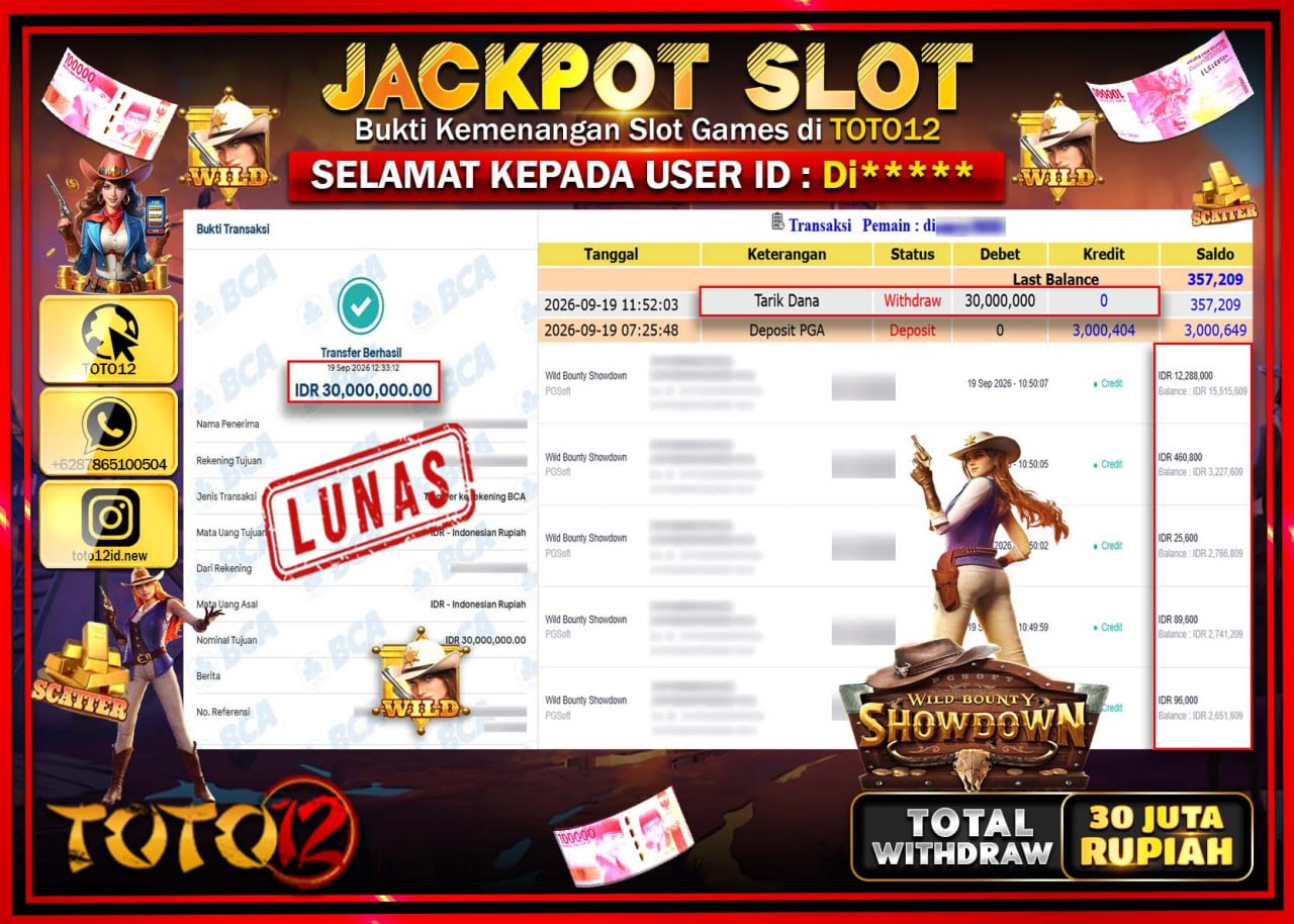 HANYA DI TOTO12 JP PASTI DI BAYAR LUNAS DAN CEPAT!!!!!! JACKPOT SLOT GAME (WILD BOUNTY SHOWDOWN) Rp30.000.000!!!!