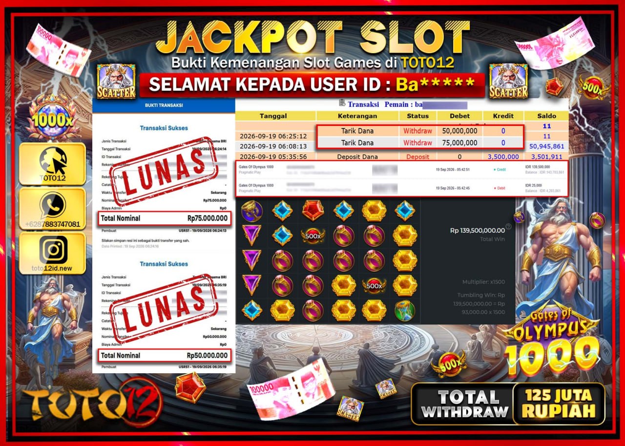 HANYA DI TOTO12 JP PASTI DI BAYAR LUNAS DAN CEPAT!!!!!! JACKPOT SLOT GAME (GATES OF OLYMPUS SUPER SCATTER) Rp125.000.000!!!!