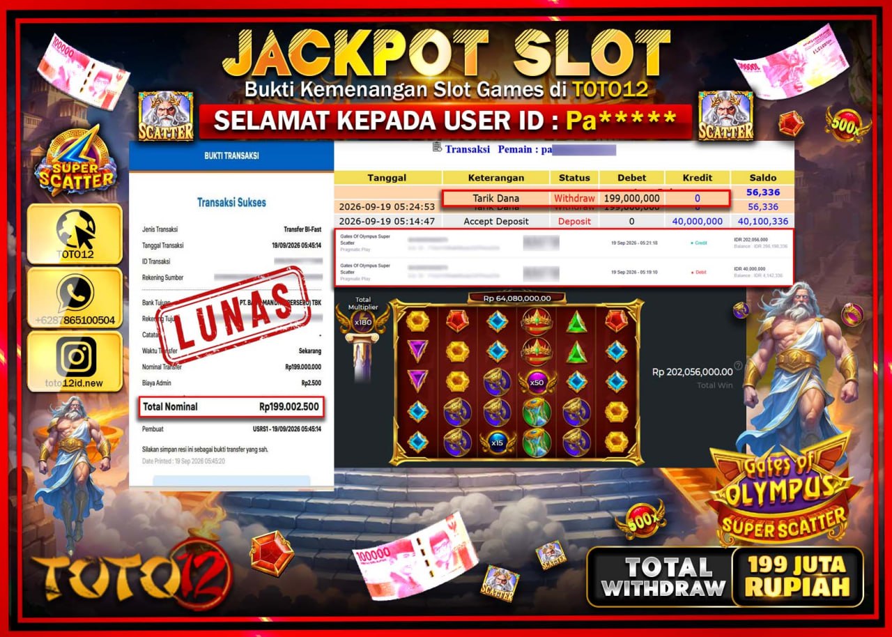 HANYA DI TOTO12 JP PASTI DI BAYAR LUNAS DAN CEPAT!!!!!! JACKPOT SLOT GAME (GATES OF OLYMPUS SUPER SCATTER) Rp199.000.000!!!!