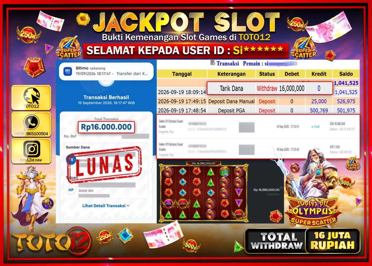 HANYA DI TOTO12 JP PASTI DI BAYAR LUNAS DAN CEPAT!!!!!! JACKPOT SLOT GAME (GATES OF OLYMPUS SUPER SCATTER) Rp16.000.000!!!!