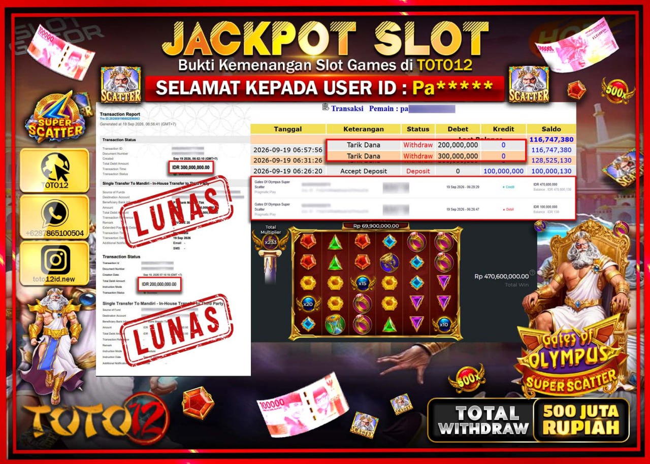 HANYA DI TOTO12 JP PASTI DI BAYAR LUNAS DAN CEPAT!!!!!! JACKPOT SLOT GAME (GATES OF OLYMPUS SUPER SCATTER) Rp500.000.000!!!!