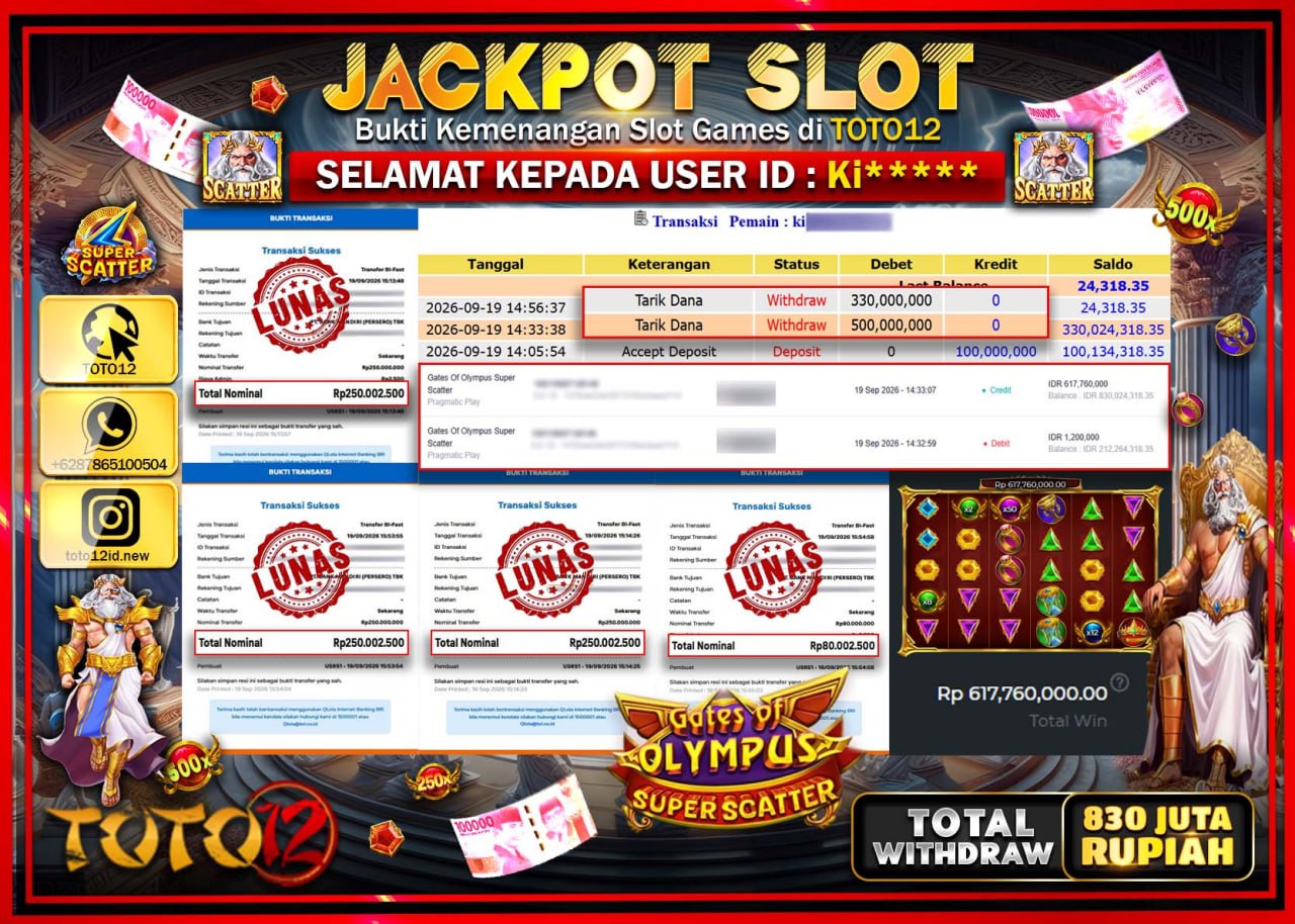 HANYA DI TOTO12 JP PASTI DI BAYAR LUNAS DAN CEPAT!!!!!! JACKPOT SLOT GAME (GATES OF OLYMPUS SUPER SCATTER) Rp830.000.000!!!!