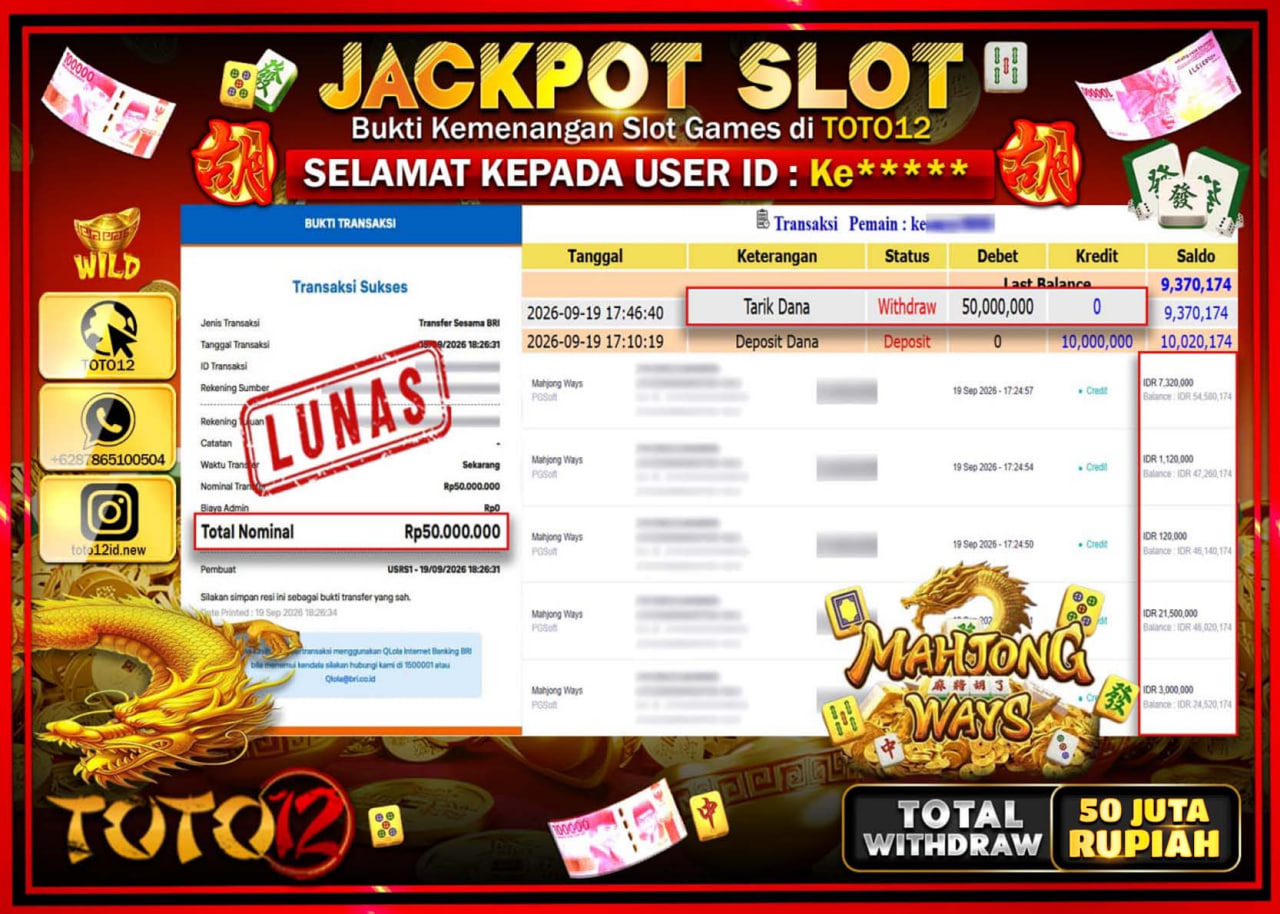 HANYA DI TOTO12 JP PASTI DI BAYAR LUNAS DAN CEPAT!!!!!! JACKPOT SLOT GAME (MAHJONG WAYS) Rp50.000.000!!!!