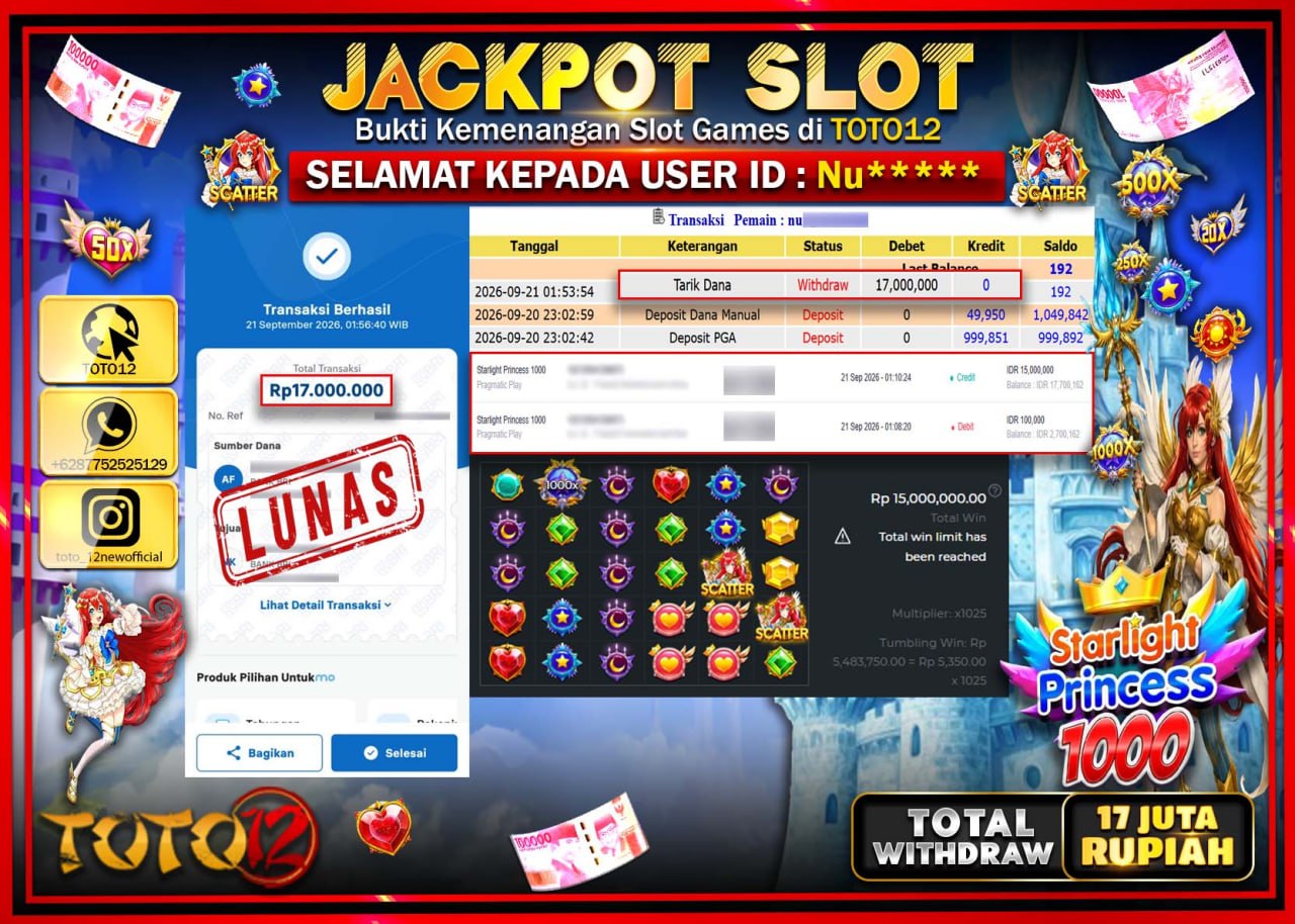 HANYA DI TOTO12 JP PASTI DI BAYAR LUNAS DAN CEPAT!!!!!! JACKPOT SLOT GAME (STARLIGHT PRINCESS 1000) Rp17.000.000!!!!