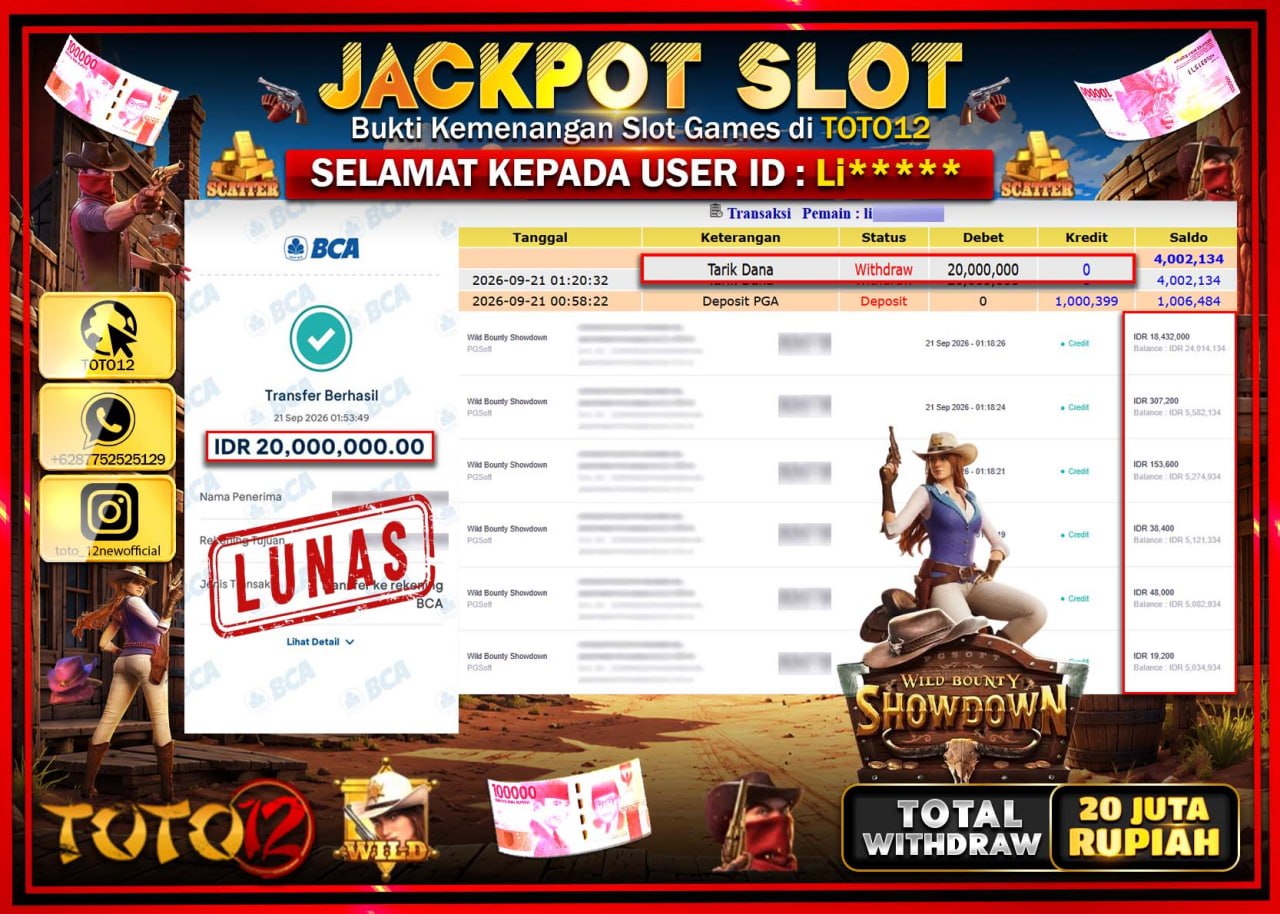 HANYA DI TOTO12 JP PASTI DI BAYAR LUNAS DAN CEPAT!!!!!! JACKPOT SLOT GAME (WILD BOUNTY SHOWNDOWN) Rp20.000.000!!!!
