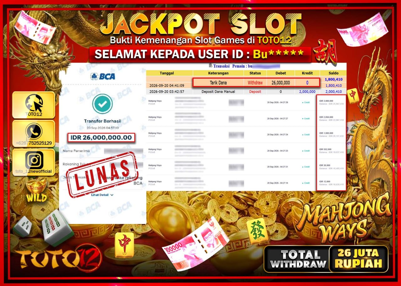 HANYA DI TOTO12 JP PASTI DI BAYAR LUNAS DAN CEPAT!!!!!! JACKPOT SLOT GAME (MAHJONG WAYS) Rp26.000.000!!!!