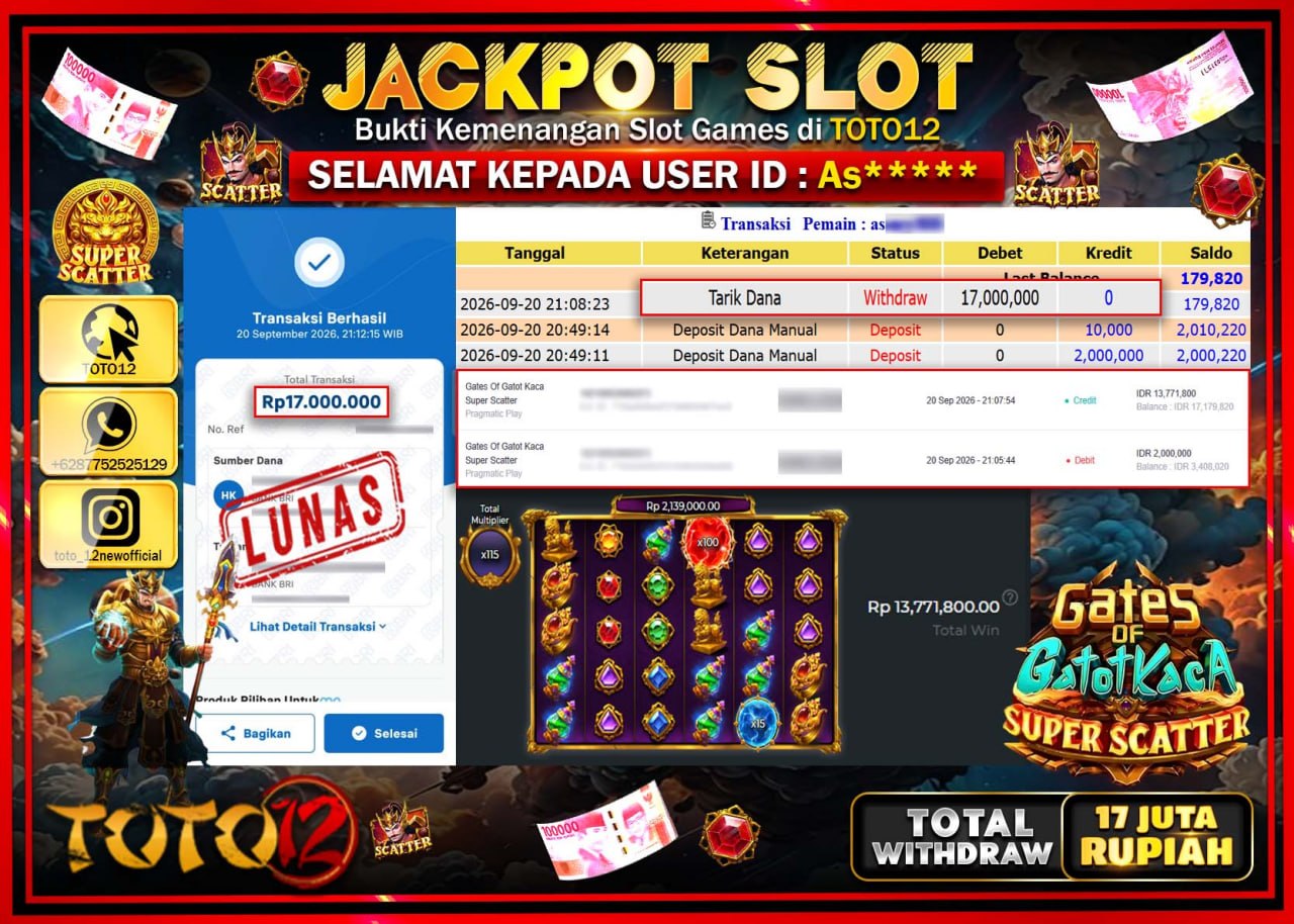 HANYA DI TOTO12 JP PASTI DI BAYAR LUNAS DAN CEPAT!!!!!! JACKPOT SLOT GAME (GATES OF GATOTKACA SUPER SCATTER) Rp17.000.000!!!!