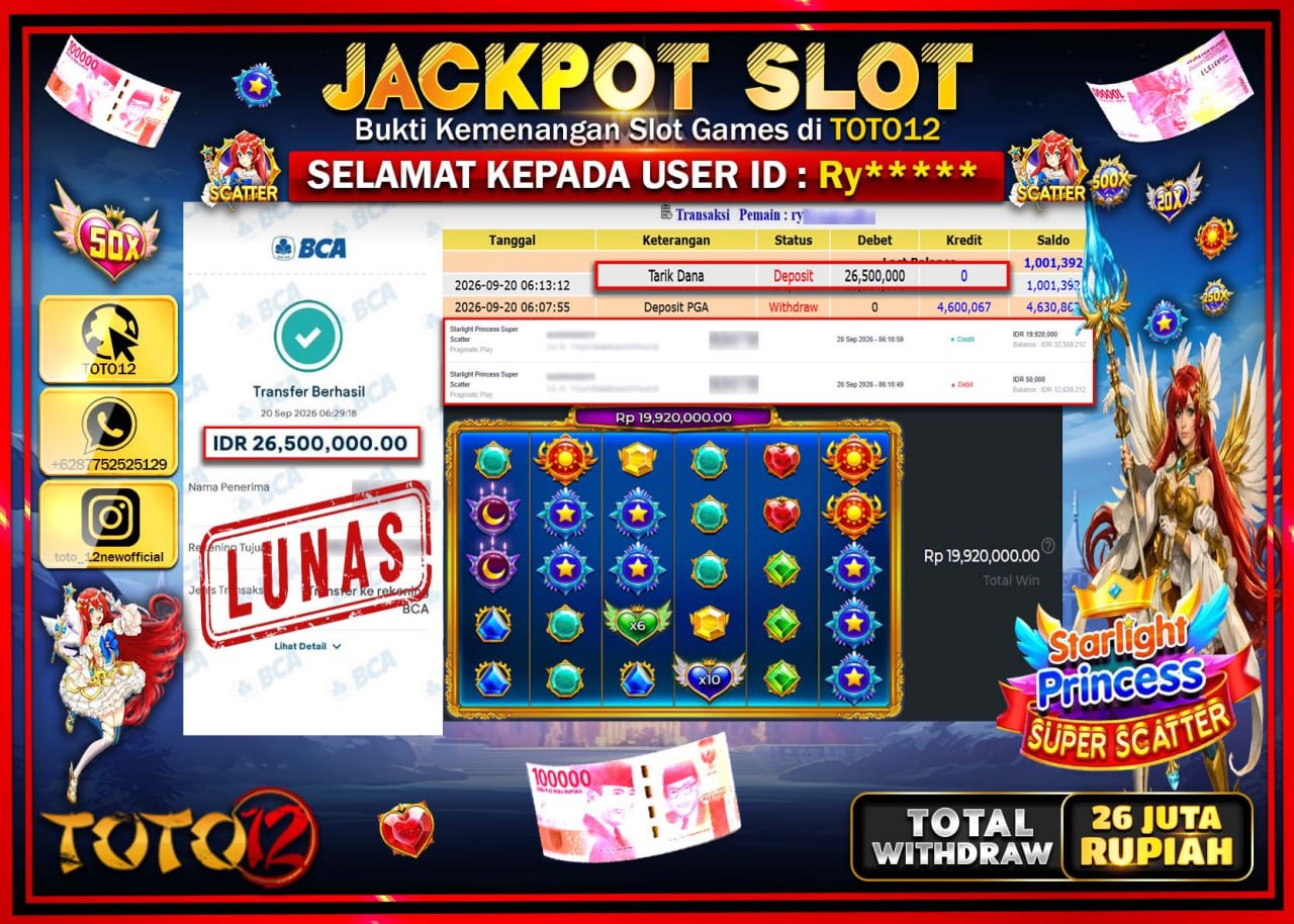 HANYA DI TOTO12 JP PASTI DI BAYAR LUNAS DAN CEPAT!!!!!! JACKPOT SLOT GAME (STARLIGHT PRINCESS SUPER SCATTER) Rp26.500.000!!!!