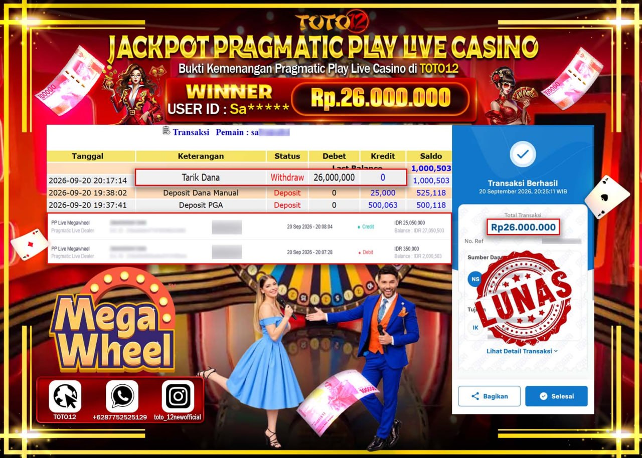 HANYA DI TOTO12 JP PASTI DI BAYAR LUNAS DAN CEPAT!!!!!! JACKPOT PRAGMATIC PLAY LIVE GAME CASINO (PP LIVE MEGA WHEEL) Rp26.000.000!!!!
