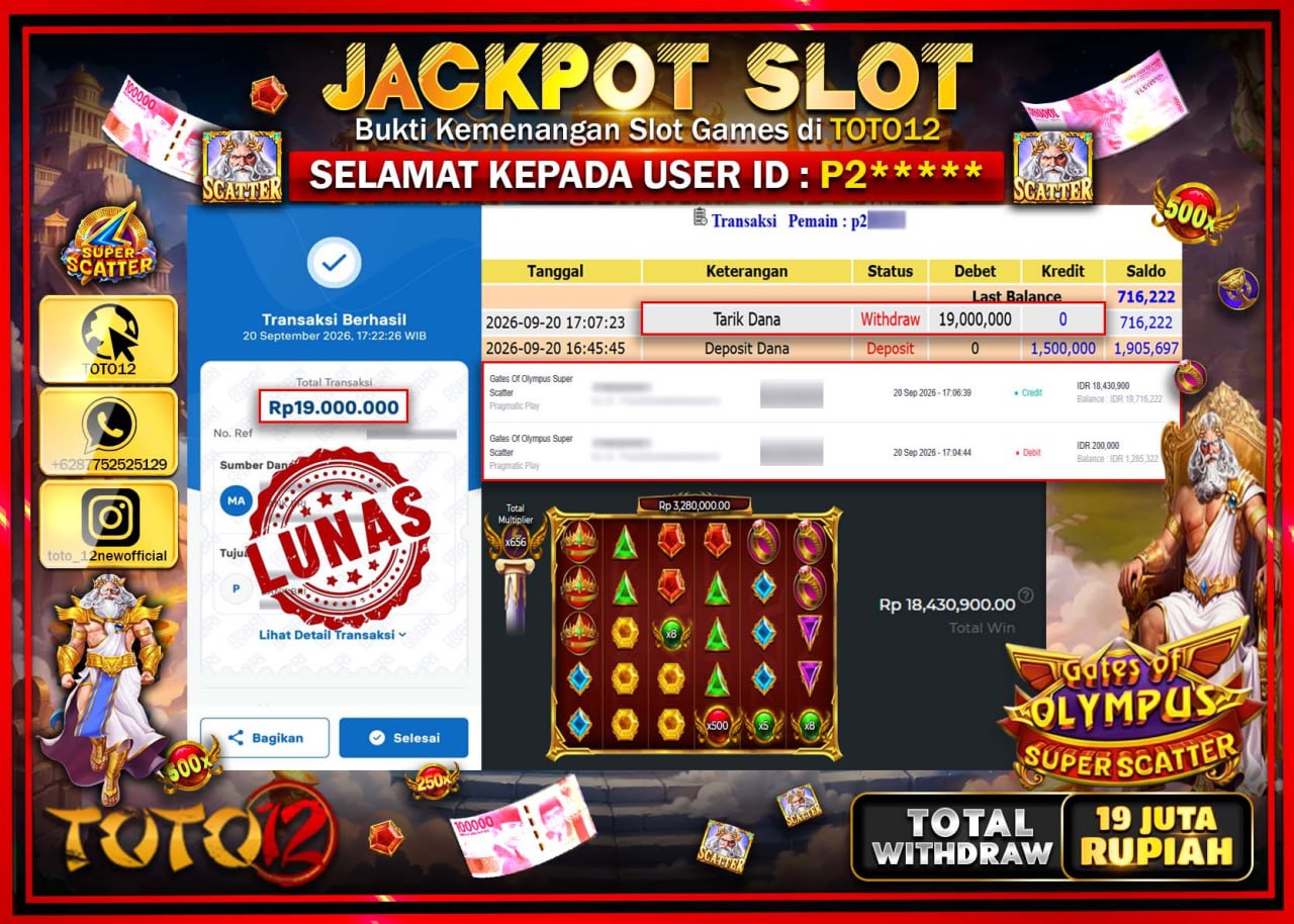 HANYA DI TOTO12 JP PASTI DI BAYAR LUNAS DAN CEPAT!!!!!! JACKPOT SLOT GAME (GATES OF OLYMPUS SUPER SCATTER) Rp19.000.000!!!!