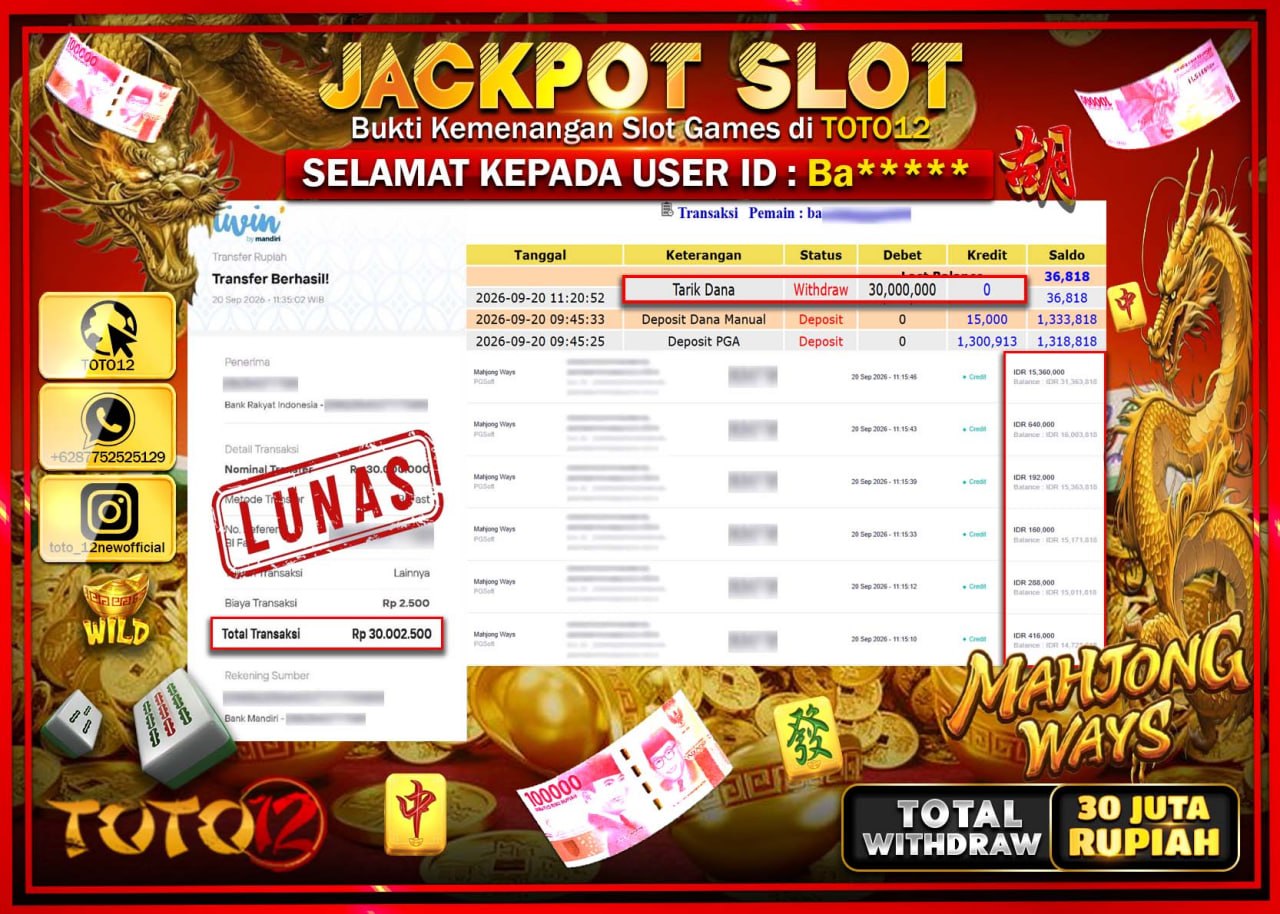 HANYA DI TOTO12 JP PASTI DI BAYAR LUNAS DAN CEPAT!!!!!! JACKPOT SLOT GAME (MAHJONG WAYS) Rp30.000.000!!!!