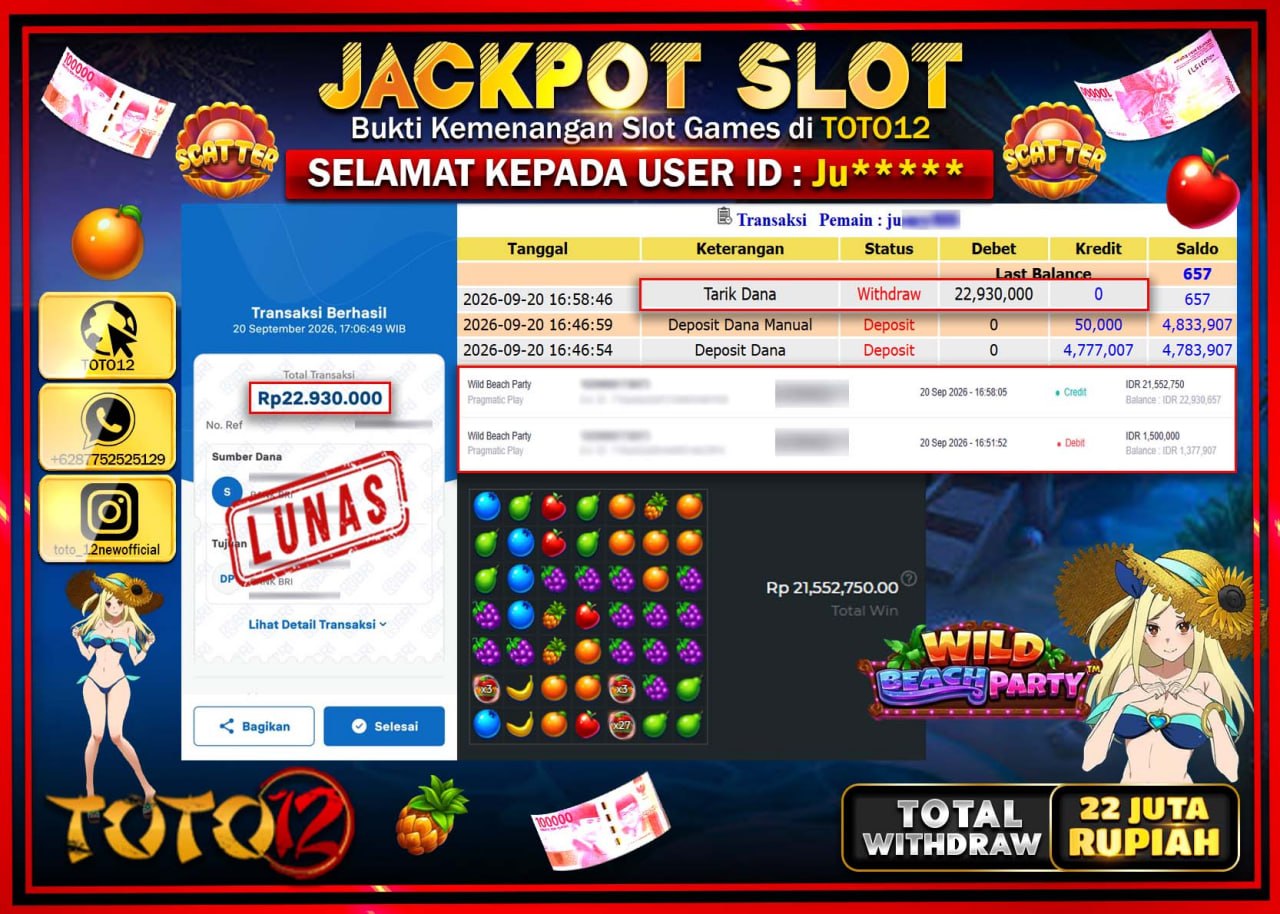 HANYA DI TOTO12 JP PASTI DI BAYAR LUNAS DAN CEPAT!!!!!! JACKPOT SLOT GAME (WILD BEACH PARTY) Rp22.930.000!!!!