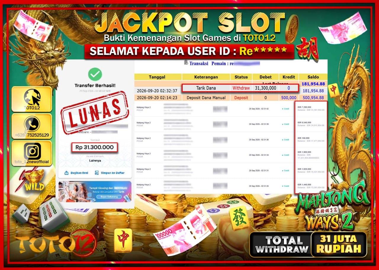 HANYA DI TOTO12 JP PASTI DI BAYAR LUNAS DAN CEPAT!!!!!! JACKPOT SLOT GAME (MAHJONG WAYS 2) Rp31.300.000!!!!