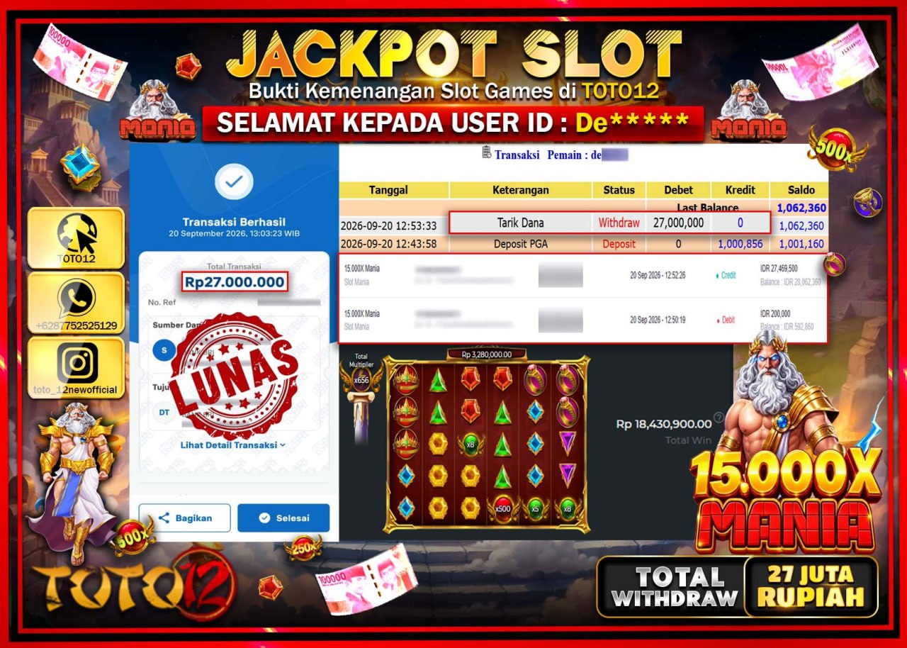 HANYA DI TOTO12 JP PASTI DI BAYAR LUNAS DAN CEPAT!!!!!! JACKPOT SLOT GAME (15.000 X MANIA) Rp27.000.000!!!!