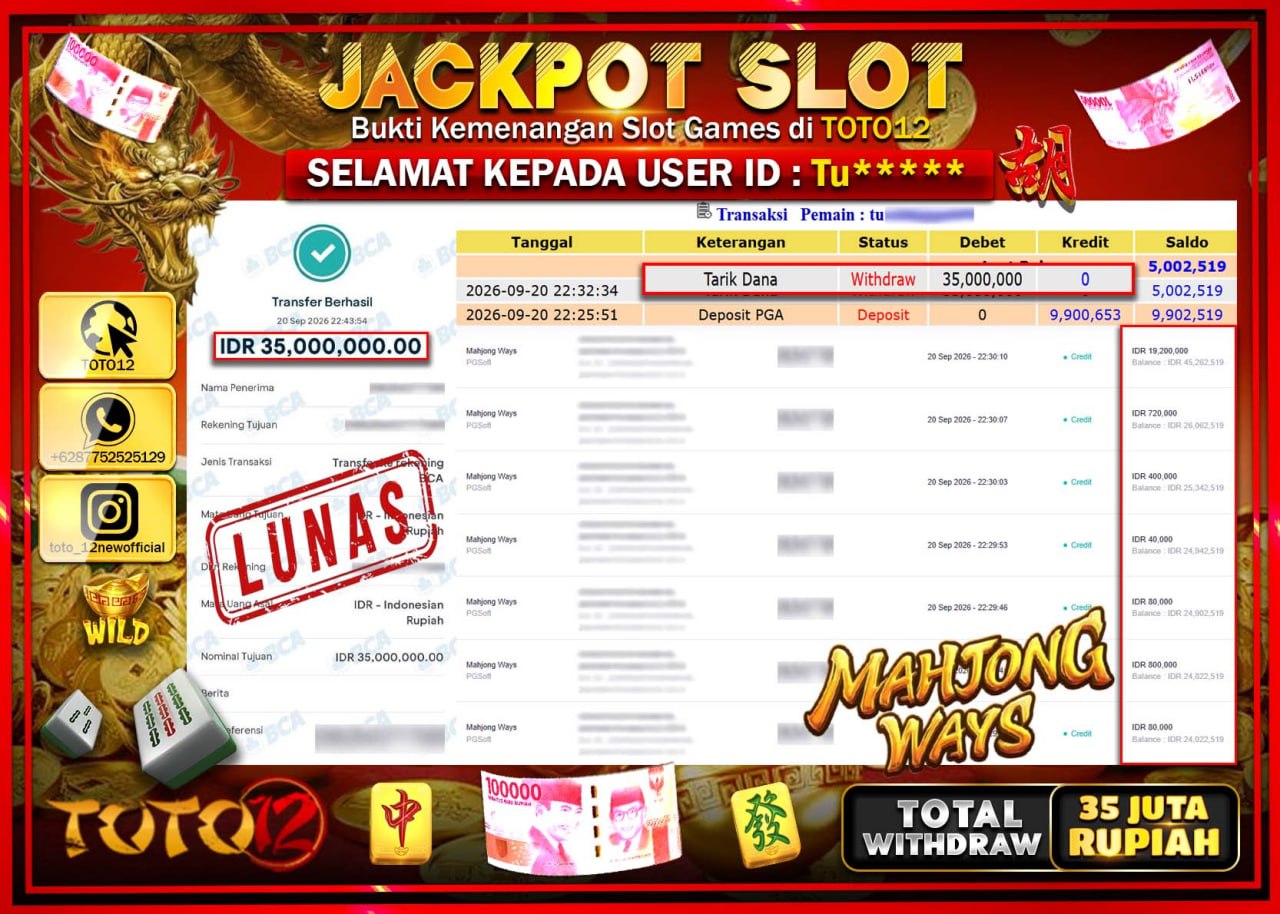 HANYA DI TOTO12 JP PASTI DI BAYAR LUNAS DAN CEPAT!!!!!! JACKPOT SLOT GAME (MAHJONG WAYS) Rp35.000.000!!!!