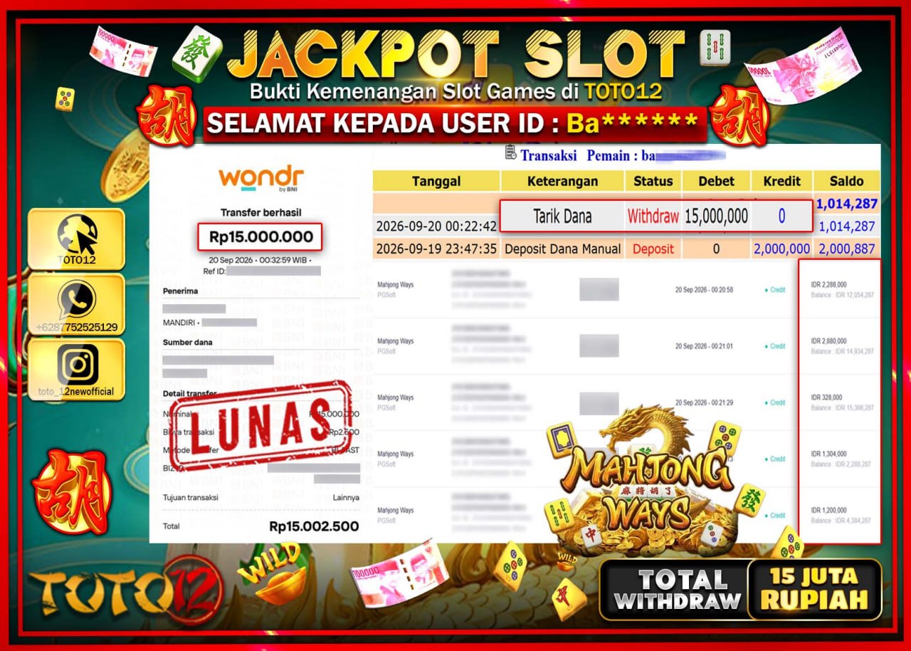 HANYA DI TOTO12 JP PASTI DI BAYAR LUNAS DAN CEPAT!!!!!! JACKPOT SLOT GAME (MAHJONG WAYS) Rp15.000.000!!!!