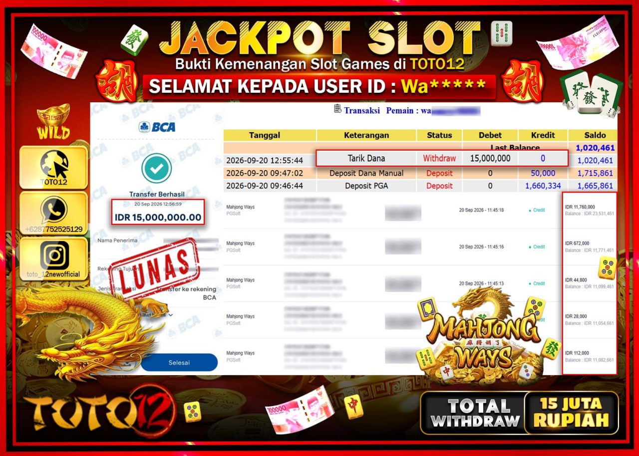 HANYA DI TOTO12 JP PASTI DI BAYAR LUNAS DAN CEPAT!!!!!! JACKPOT SLOT GAME (MAHJONG WAYS) Rp15.000.000!!!!