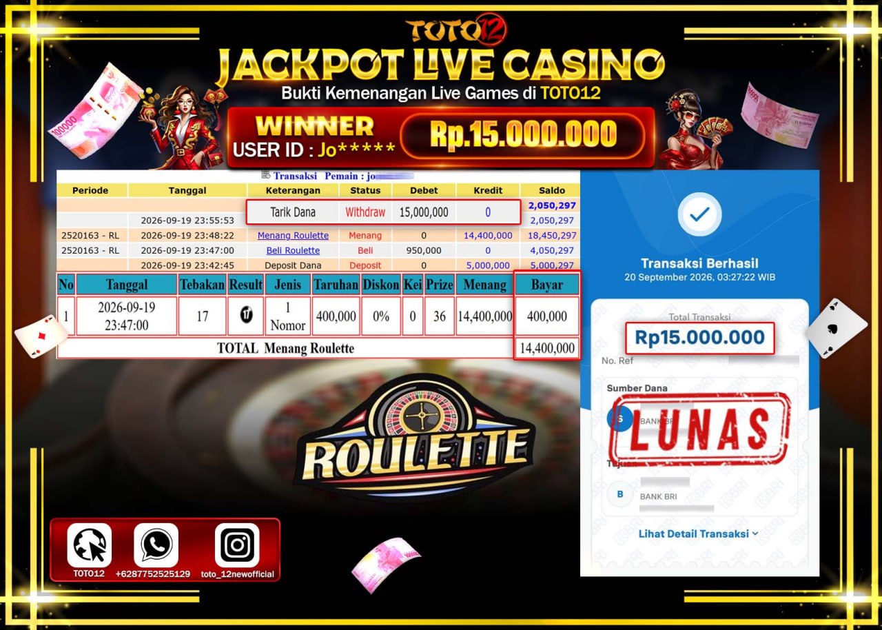 HANYA DI TOTO12 JP PASTI DI BAYAR LUNAS DAN CEPAT!!!!!! JACKPOT  LIVE GAME CASINO (ROULETTE)Rp15.000.000!!!!