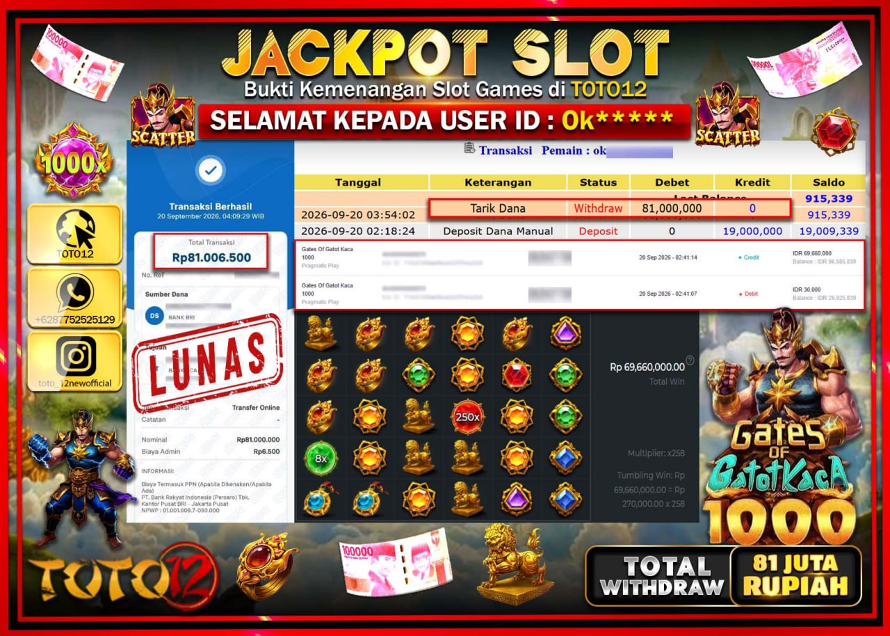 HANYA DI TOTO12 JP PASTI DI BAYAR LUNAS DAN CEPAT!!!!!! JACKPOT SLOT GAME (GATES OF GATOTKACA 1000) Rp81.000.000!!!!
