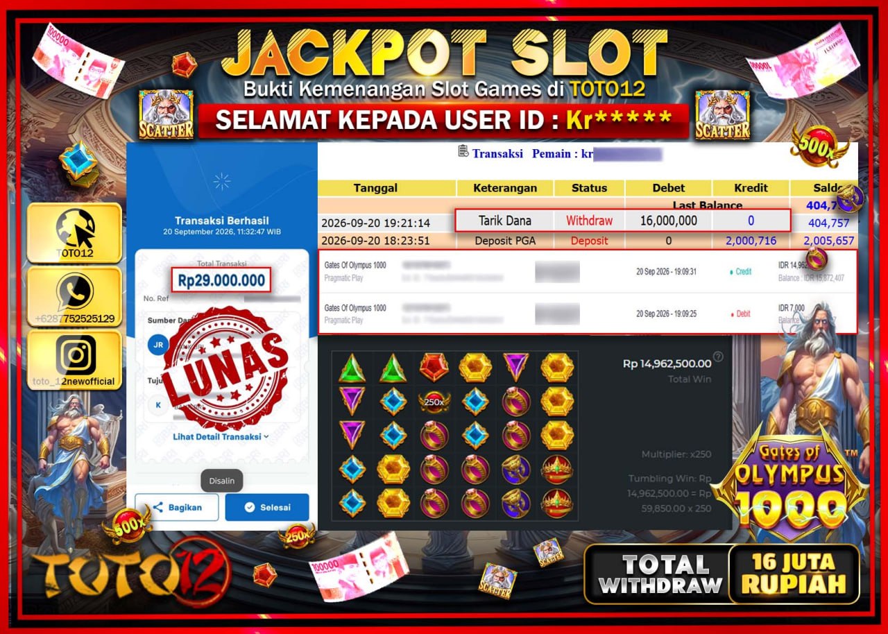 HANYA DI TOTO12 JP PASTI DI BAYAR LUNAS DAN CEPAT!!!!!! JACKPOT SLOT GAME (GATES OF OLYMPUS 1000) Rp16.000.000!!!!