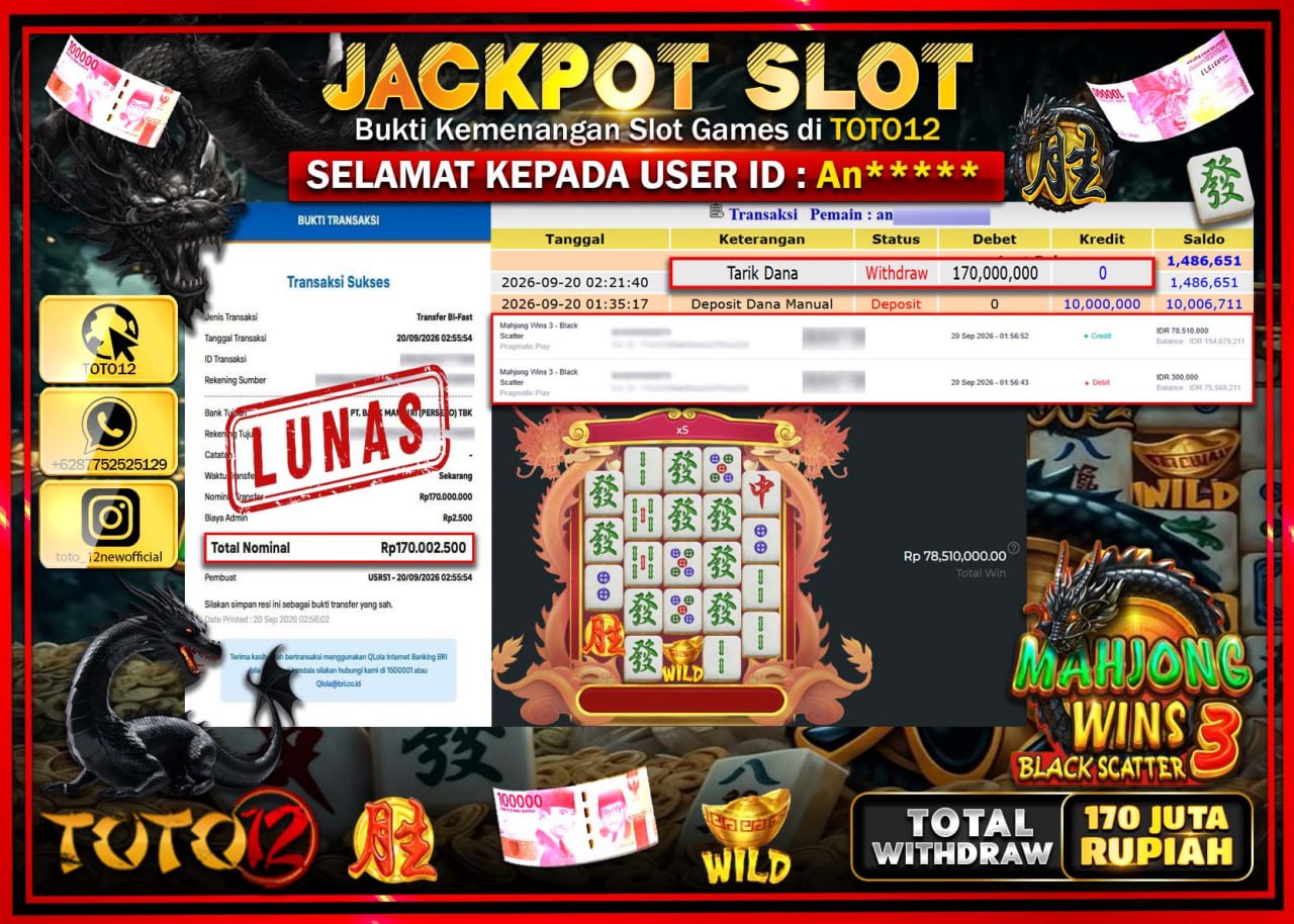 HANYA DI TOTO12 JP PASTI DI BAYAR LUNAS DAN CEPAT!!!!!! JACKPOT SLOT GAME (MAHJONG WINS 3 BLACK SCATATER) Rp170.000.000!!!!