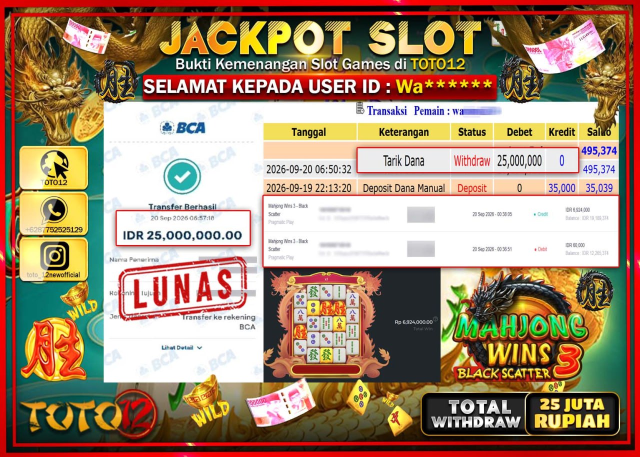 HANYA DI TOTO12 JP PASTI DI BAYAR LUNAS DAN CEPAT!!!!!! JACKPOT SLOT GAME (MAHJONG WINS 3 BLACK SCATTER) Rp25.000.000!!!!
