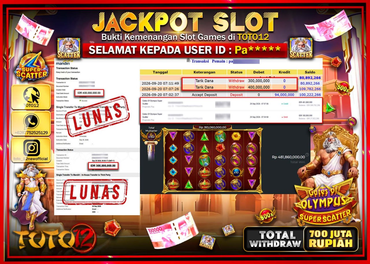 HANYA DI TOTO12 JP PASTI DI BAYAR LUNAS DAN CEPAT!!!!!! JACKPOT SLOT GAME (GATES OF OLYMPUS SUPER SCATTER) Rp700.000.000!!!!
