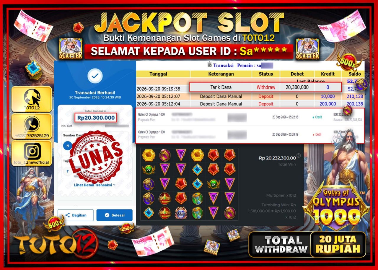 HANYA DI TOTO12 JP PASTI DI BAYAR LUNAS DAN CEPAT!!!!!! JACKPOT SLOT GAME (GATES OF OLYMPUS 1000) Rp20.300.000!!!!