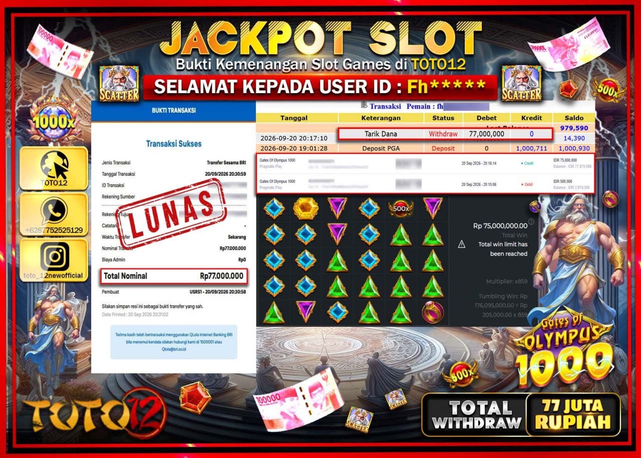 HANYA DI TOTO12 JP PASTI DI BAYAR LUNAS DAN CEPAT!!!!!! JACKPOT SLOT GAME (GATES OF OLYMPUS 1000) Rp77.000.000!!!!