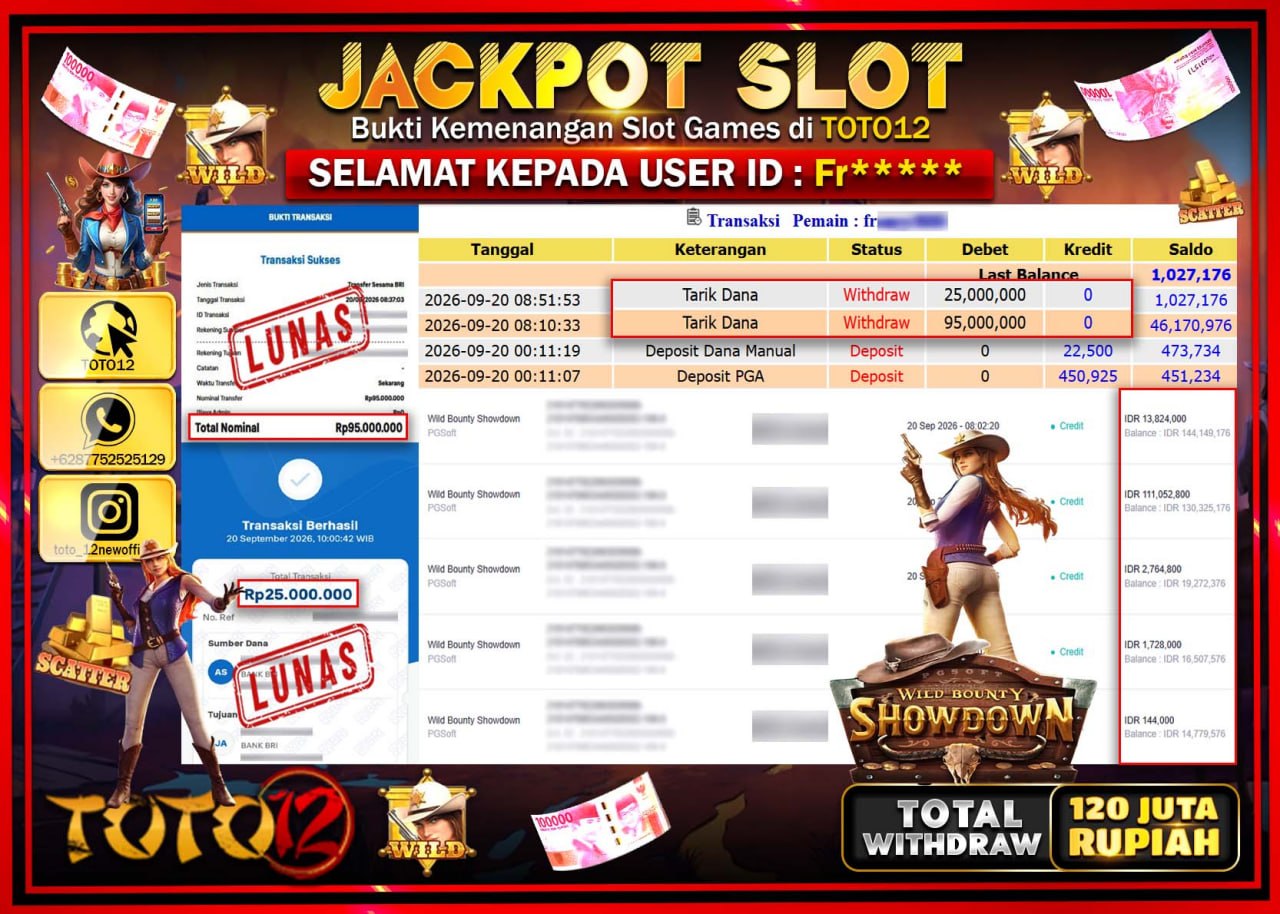 HANYA DI TOTO12 JP PASTI DI BAYAR LUNAS DAN CEPAT!!!!!! JACKPOT SLOT GAME (WILD BOUNTY SHOWDOWN) Rp120.000.000!!!!