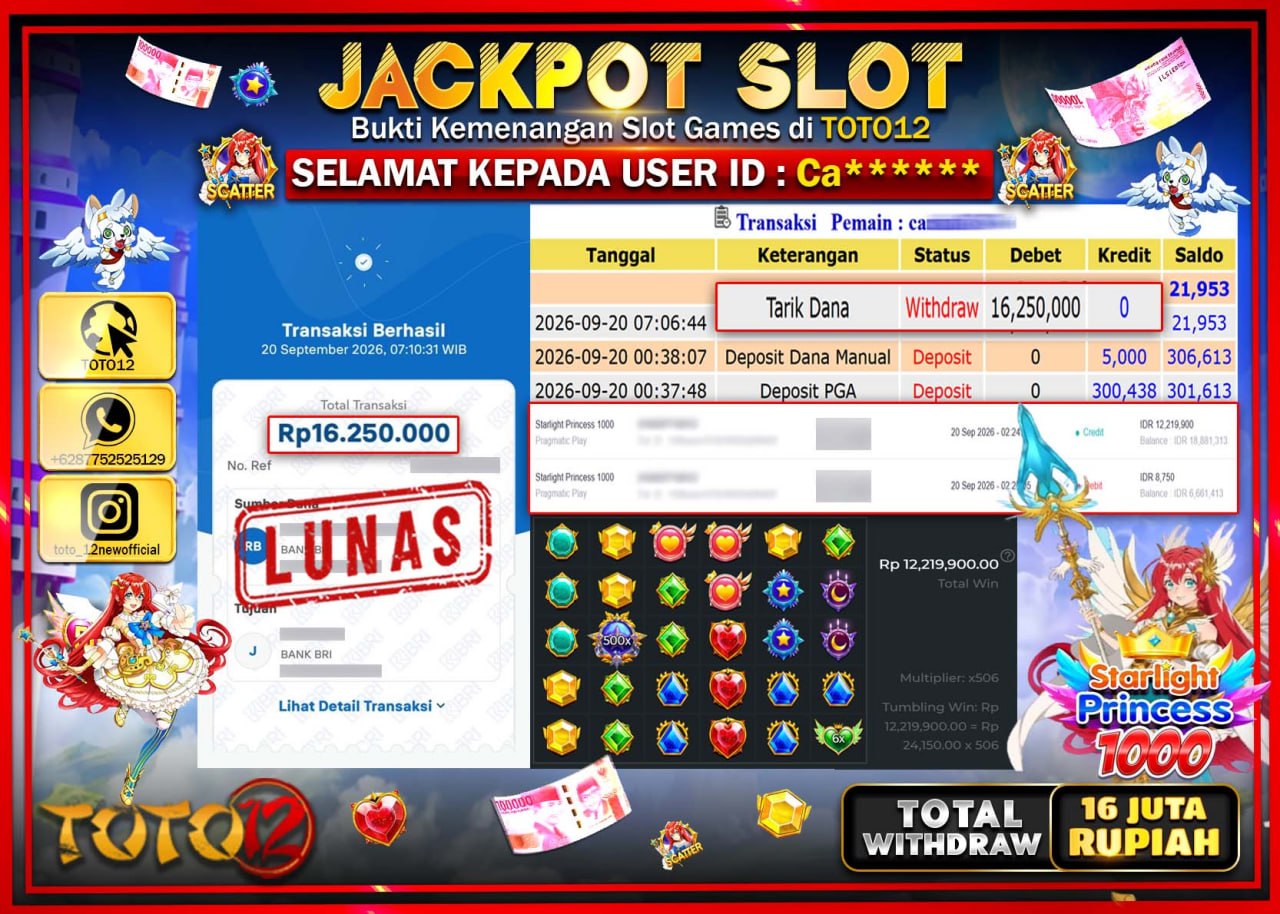 HANYA DI TOTO12 JP PASTI DI BAYAR LUNAS DAN CEPAT!!!!!! JACKPOT SLOT GAME (STARLIGHT PRINCESS 1000) Rp16.250.000!!!!