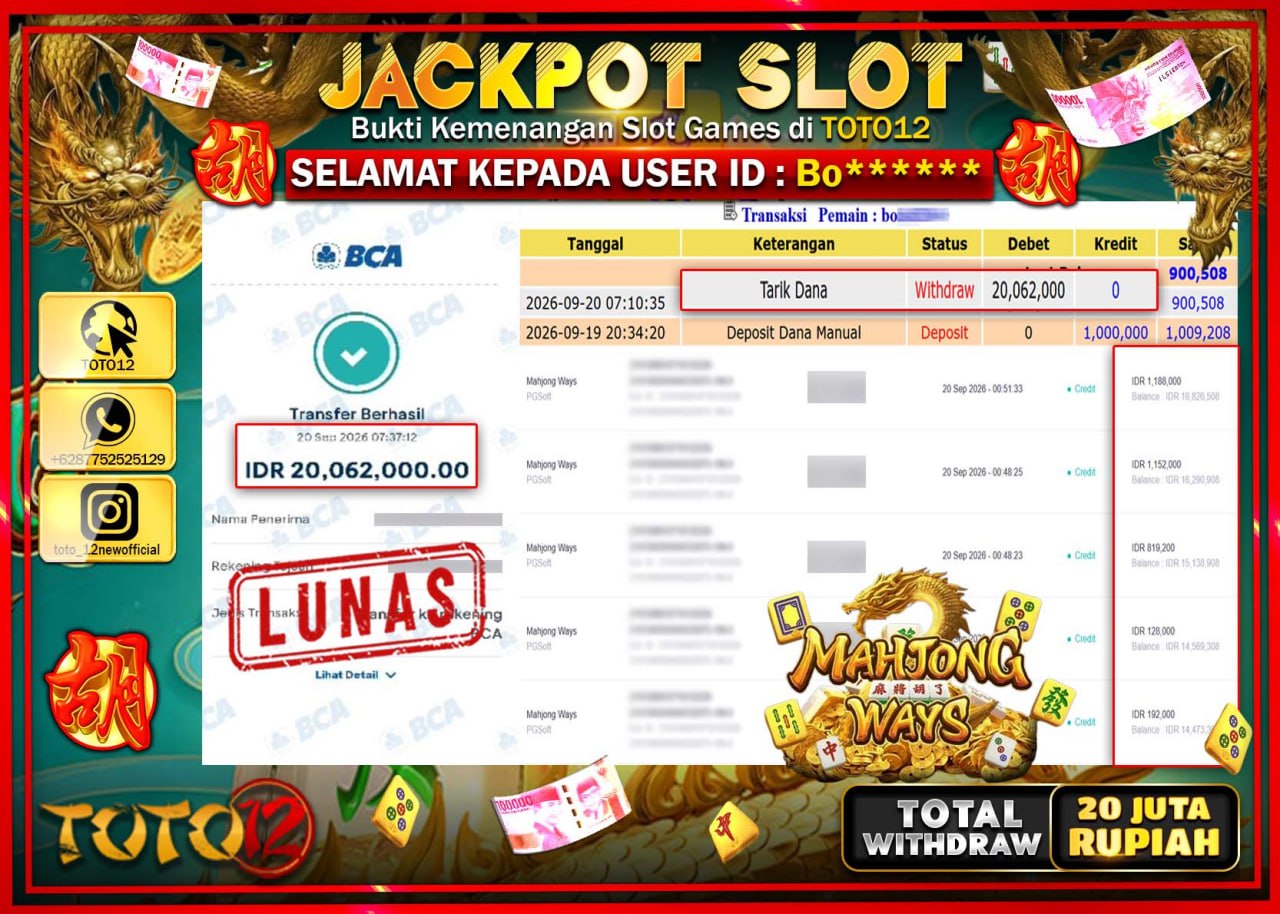 HANYA DI TOTO12 JP PASTI DI BAYAR LUNAS DAN CEPAT!!!!!! JACKPOT SLOT GAME (MAHJONG WAYS) Rp20.062.000!!!!