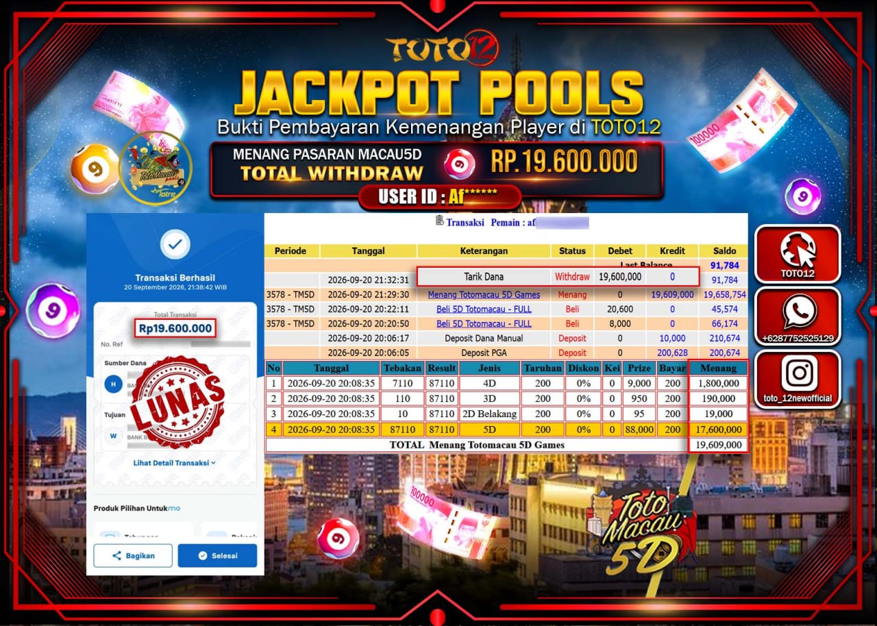HANYA DI TOTO12 JP PASTI DI BAYAR LUNAS DAN CEPAT!!!!!! JACKPOT POOLS PASARAN (MACAU 5D) Rp19.600.000!!!!