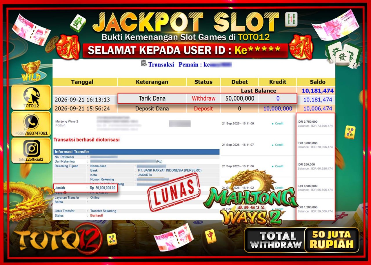 HANYA DI TOTO12 JP PASTI DI BAYAR LUNAS DAN CEPAT!!!!!! JACKPOT SLOT GAME (MAHJONG WAYS 2) Rp50.000.000!!!!